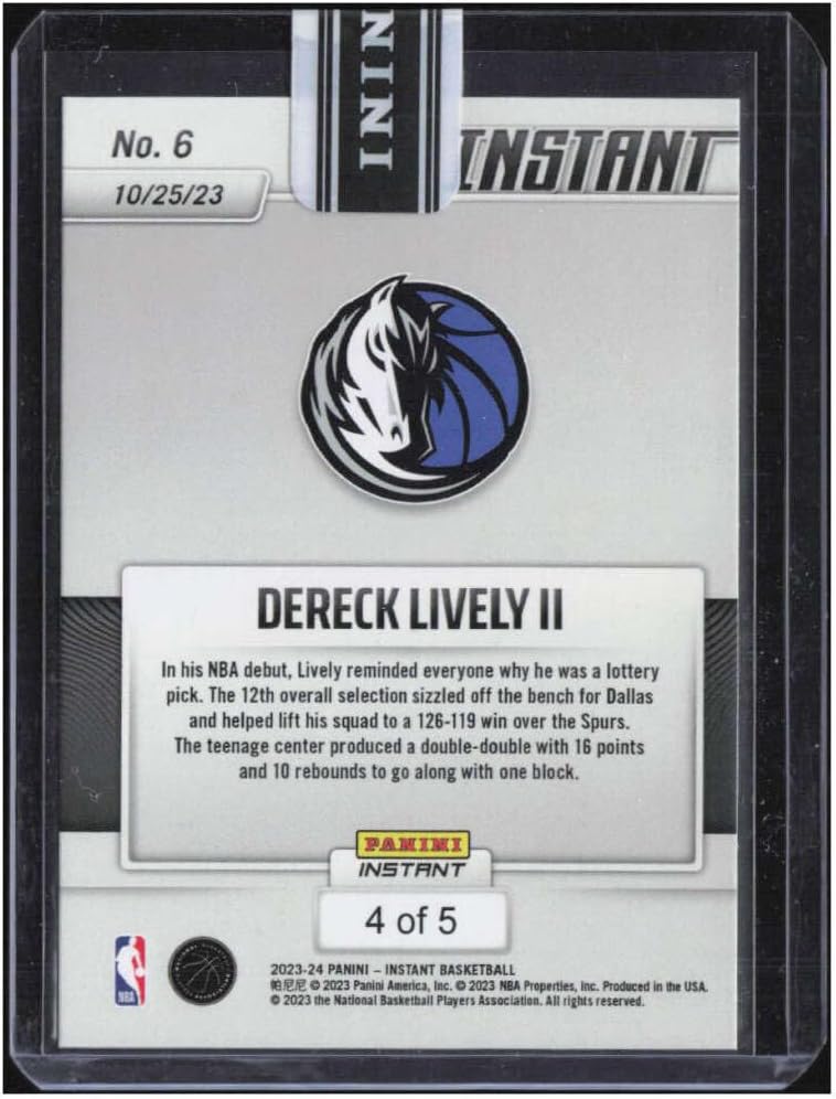 DERECK LIVELY II RC SP 2023-24 Panini Instant VersiColor 4/5 ROOKIE #6 Mavericks MT-MT+ Basketball