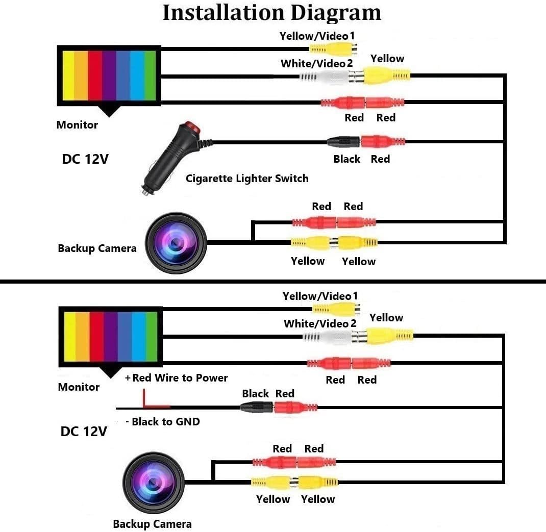 Detailed wiring diagram showing connections for the monitor, backup camera, and power sources (cigarette lighter or direct 12V).