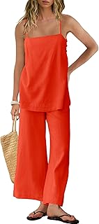 2 Piece Linen Set Summer Travel Beach Vacation Outfit Sexy Spaghetti Strap Tank Top and Pants with Pockets