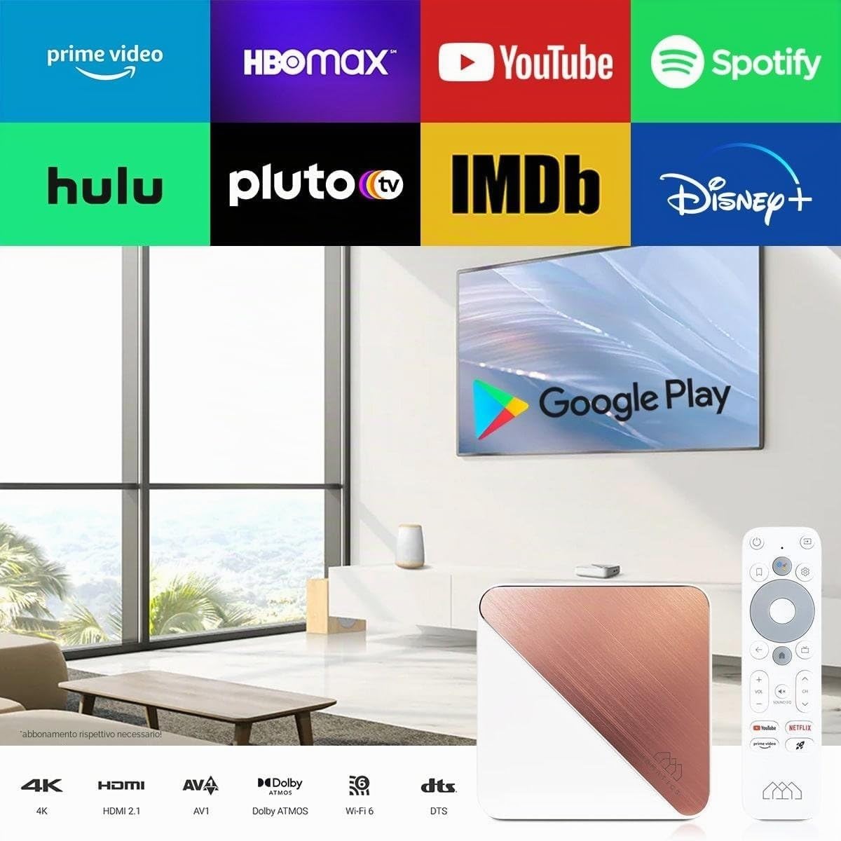 Homatics Box R 4K Plus Android 11 TV Media Player (Google, Netflix, Disney+, Prime Video, Google Play Store, 4K UHD, HDR, WiFi 6, Bluetooth 5.0, Telecomando vocale, Bianco)