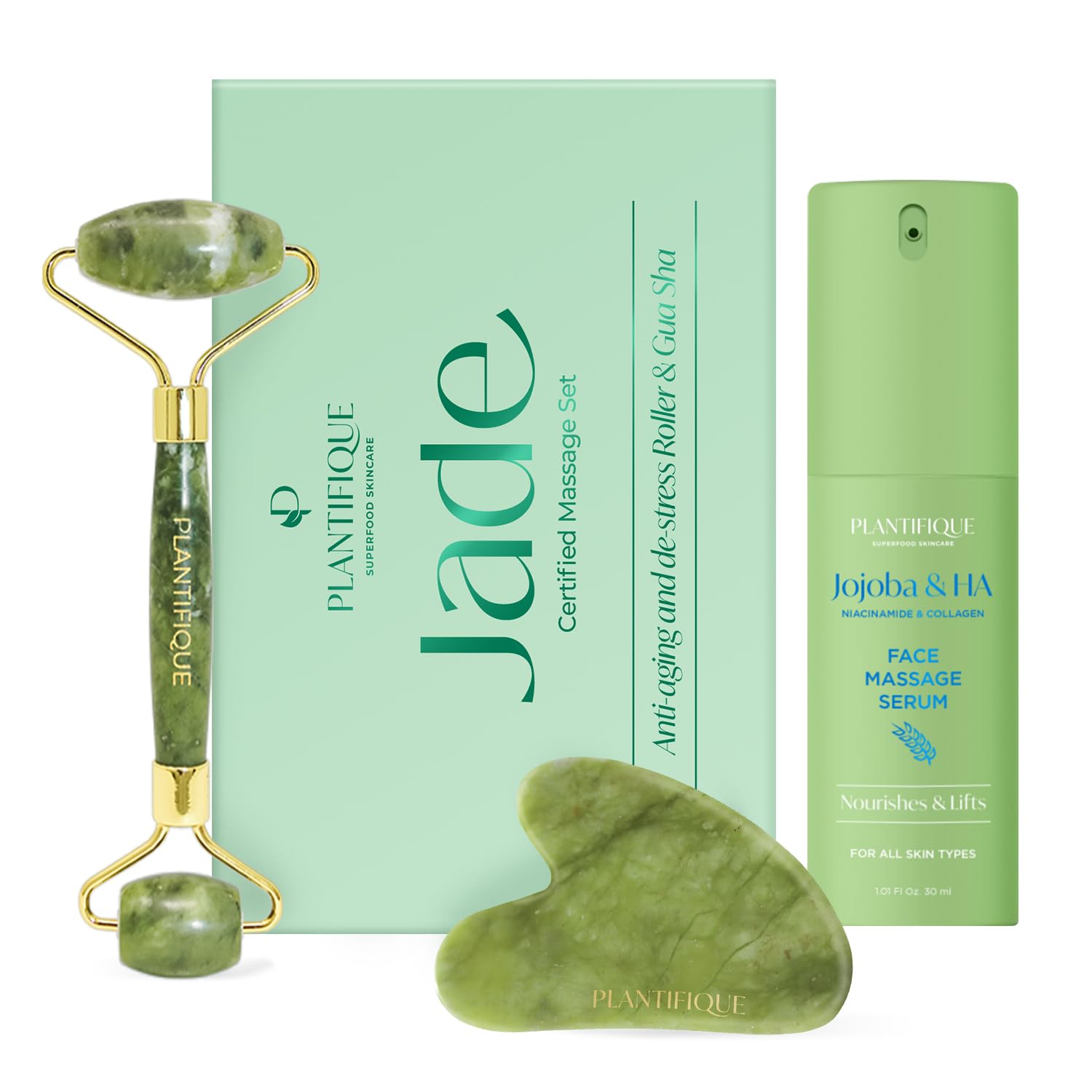 PLANTIFIQUE Jojoba Oil & Hyaluronic Acid Face Serum for Gua Sha Massage with Vitamin C, E Niacinamide for Glowing Skin and Jade Roller and Gua Sha Set