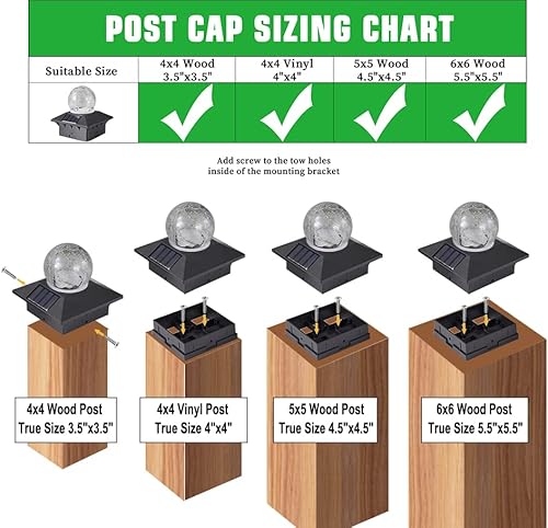 Miniatura 4 de Luces solares para tapa de poste con 2 modos de luz, luces de poste de valla alimentadas por energía solar con lámpara de bola de vidrio agrietado,