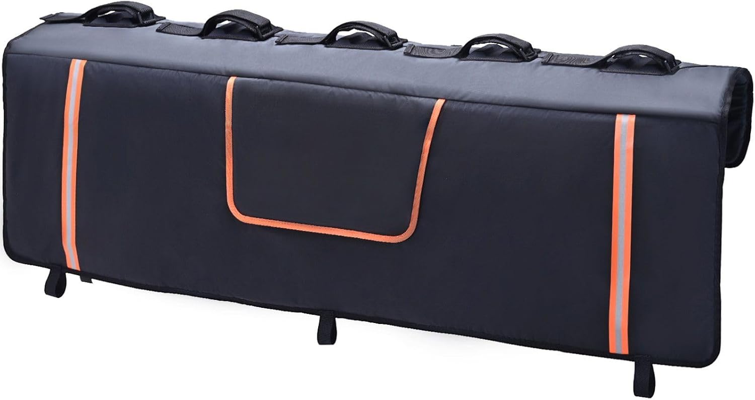 Tailgate Bike Pad, 53" Truck Tailgate Pad Carry 5 Mountain Bikes, Upgraded Grooves Tailgate Protection Pad with Reflective Strips and Tool Pockets, with Camera Opening for Mid-Size Pickup Trucks