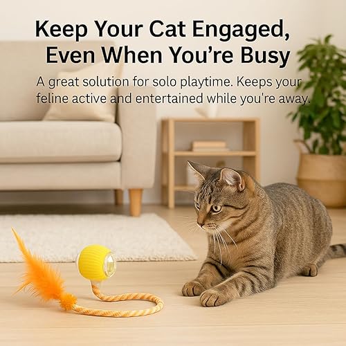 Miniatura 4 de Pelota de juguete automática para gatos, bola recargable para gatos con plumas y cola de cinta, efectos de iluminación, juguetes inteligentes para