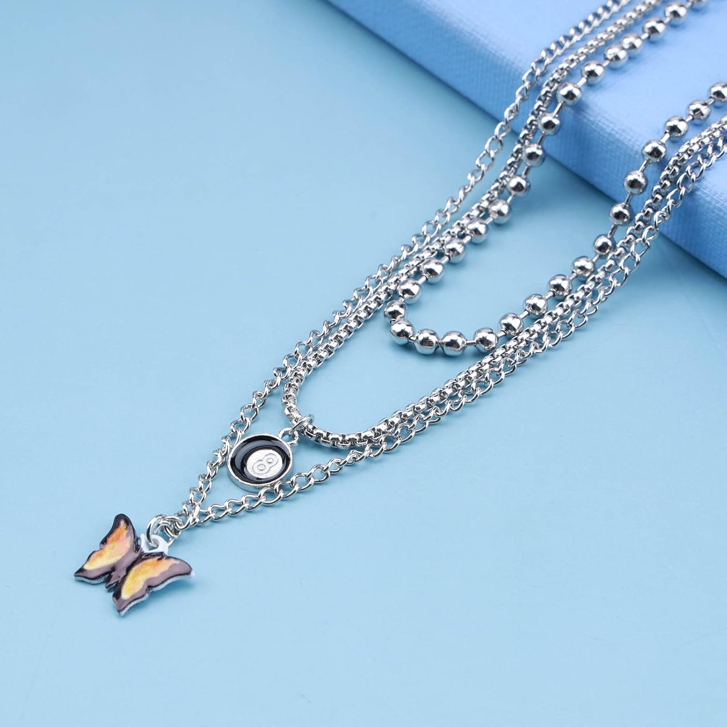 Andelaisi Boho Layered Butterfly Pendant Necklace Black Healing Stone Necklace Chain Vintage Butterfly Choker Necklace Silver Eye Ball Necklace Jewelry for Women - Image 4