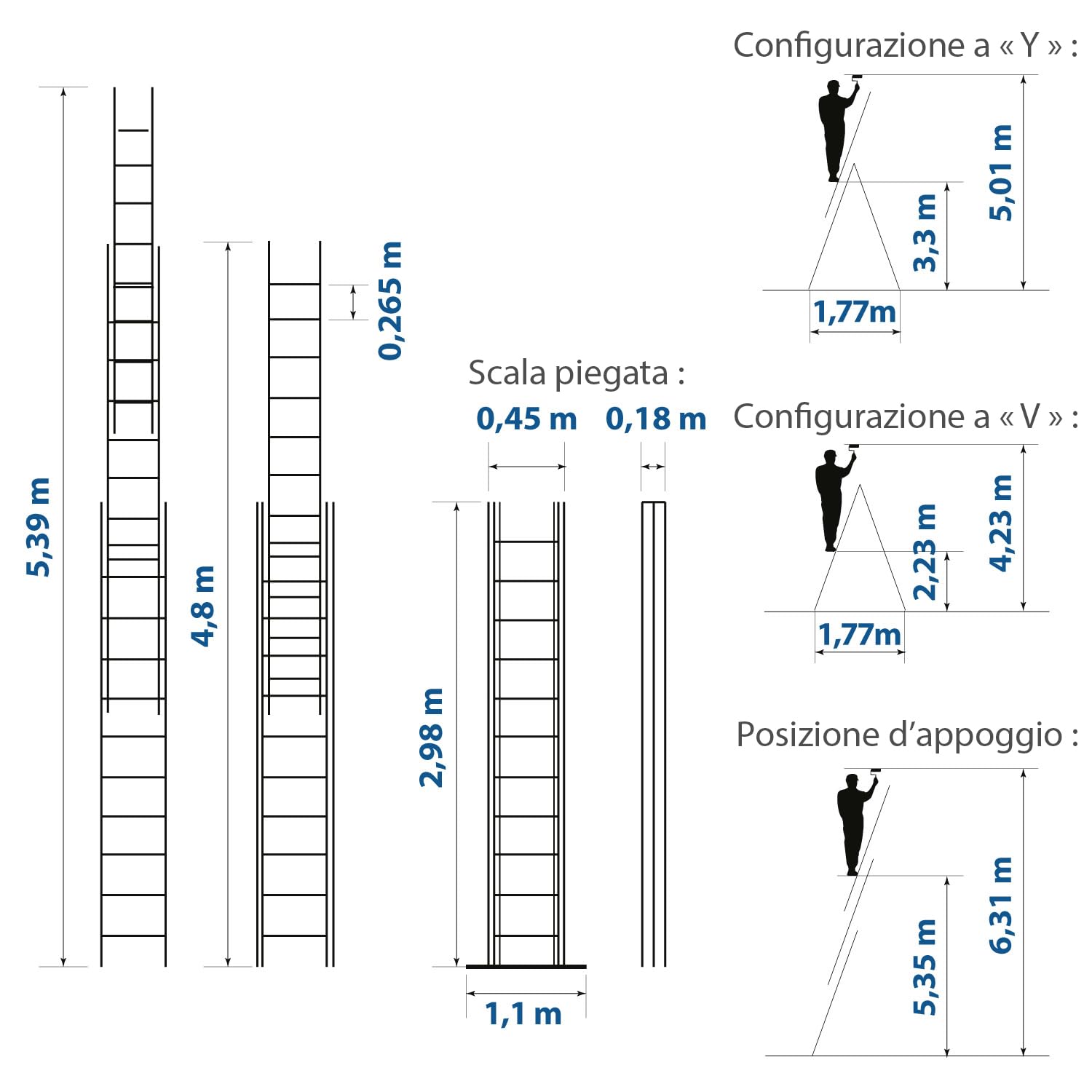 Scala a sfilo a 3 rampe StablePro, gradini 3x11 in alluminio, allungabile, 6 posizioni, altezza massima di lavoro 6,31 m, 5 anni di garanzia, Hostrom