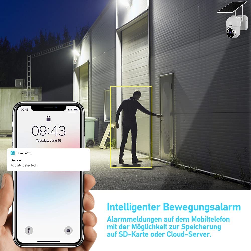 JideTech Solarna kamera monitorująca, zewnętrzna, akumulator 14400 mAh, 1080p PTZ WiFi Dome kamera WLAN z panelem słonecznym, wykrywaniem PIR i radaru, noktowizor kolorowy, 2-drożne audio, widoczność