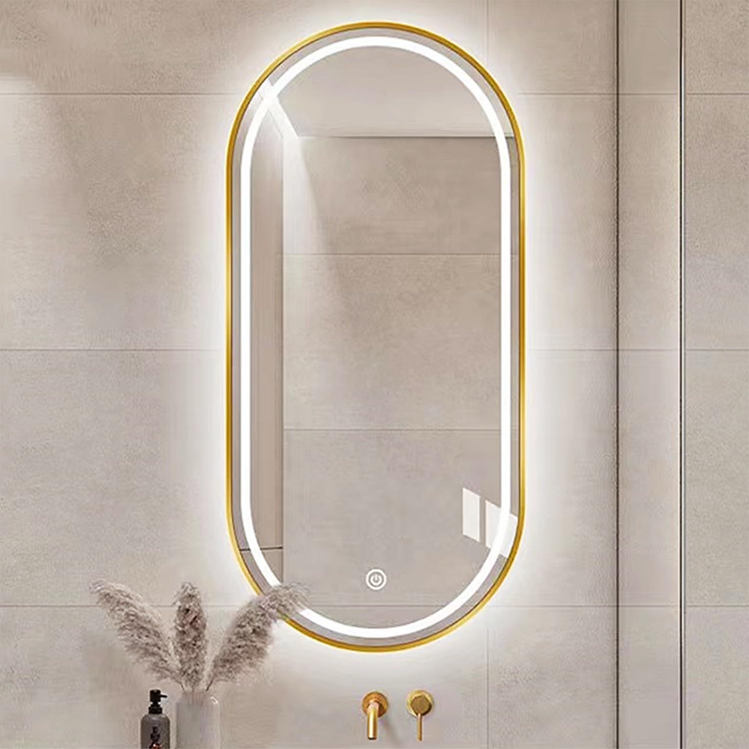 SXFSDOU Oval LED Bathroom Mirror with Touch Screen Dimmable Light Wall Mounted Smart Vanity (Gold 50x80cm)