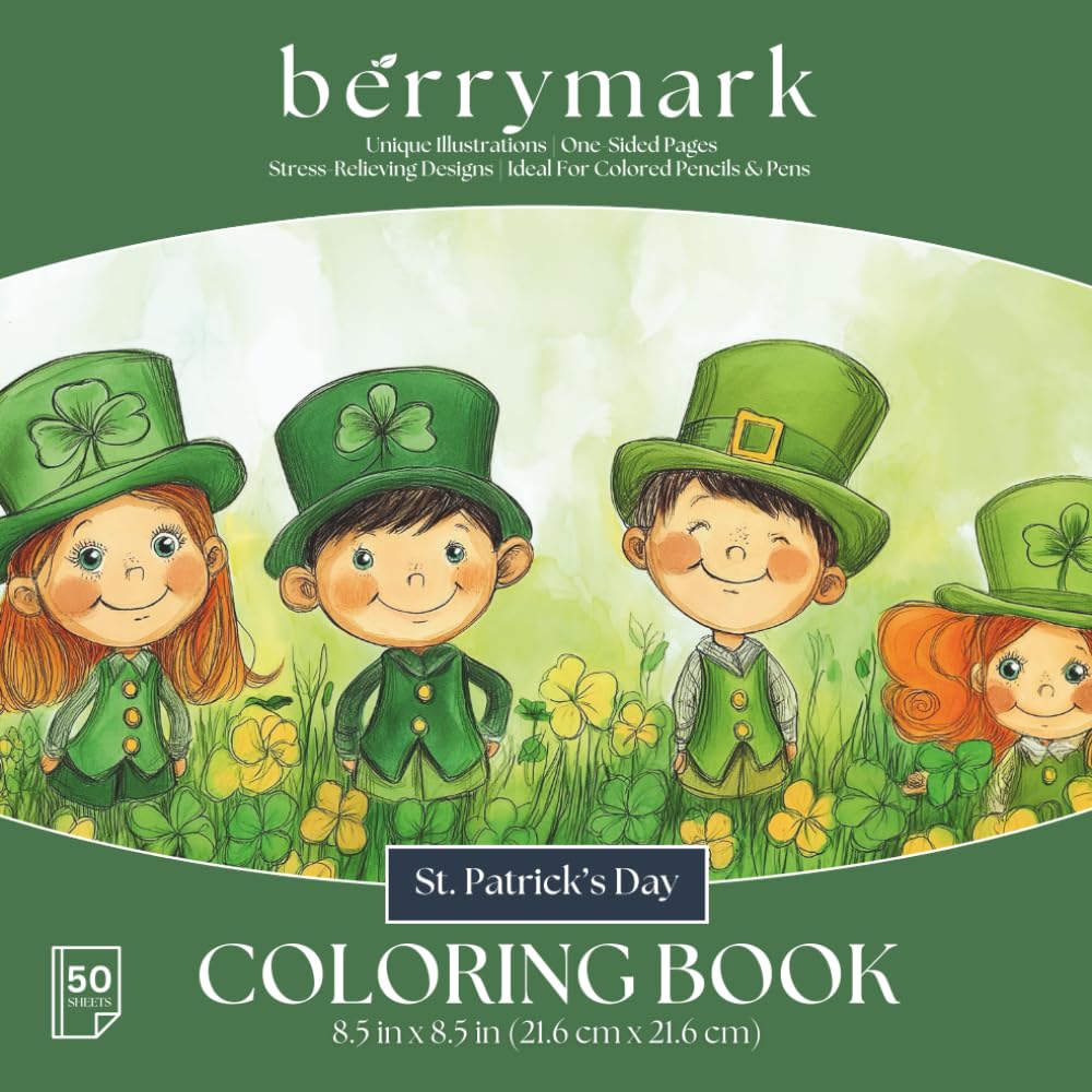 BERRYMARK Coloring Book: St. Patrick's Day, One-Sided, 50 Sheets, 8.5x8.5 Inches Coloring Pages