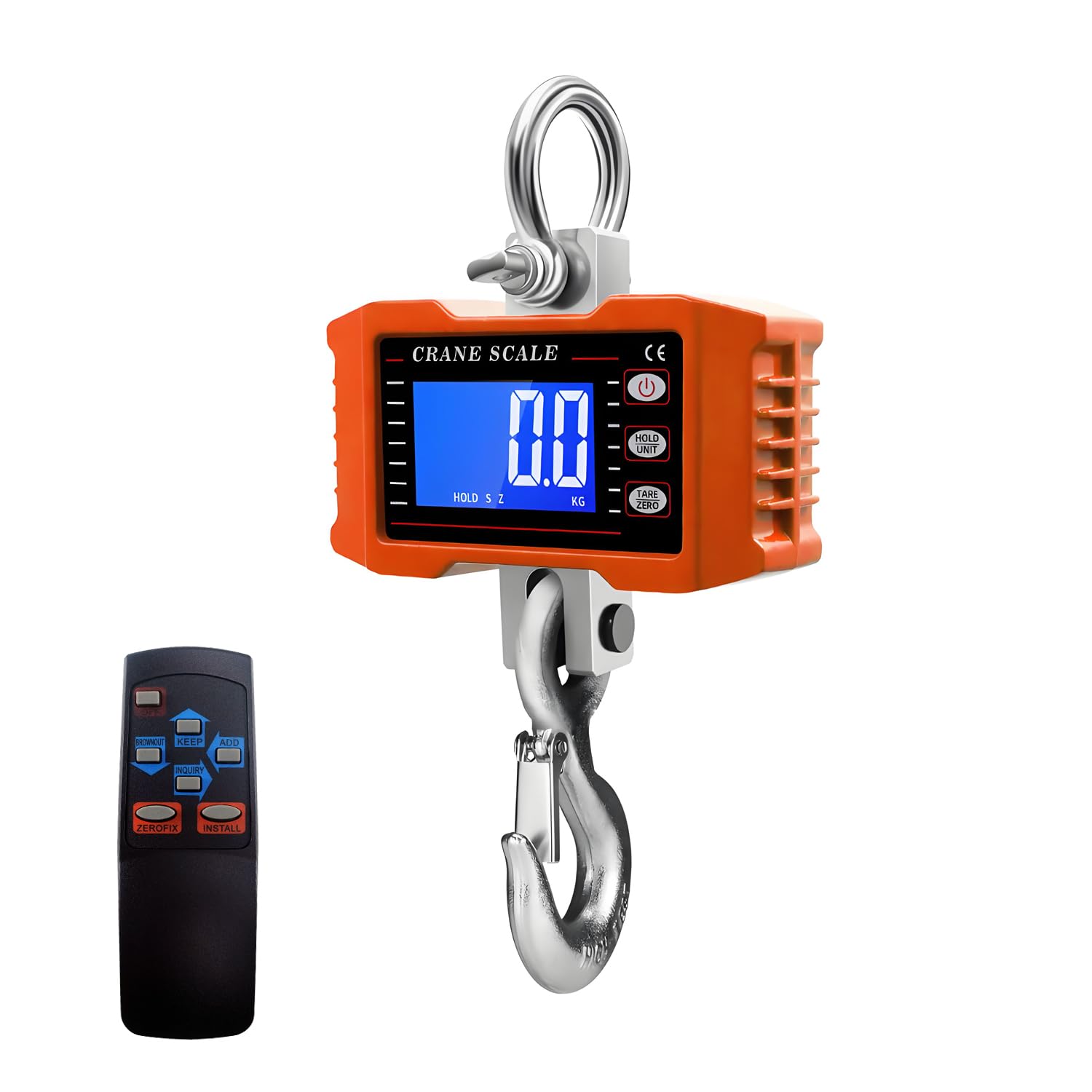 QUMOX Balance suspendue numérique 1000 kg avec télécommande – Boîtier robuste en alliage d'aluminium, crochet en acier fin, écran LCD rétroéclairé, alimentation par piles,Orange