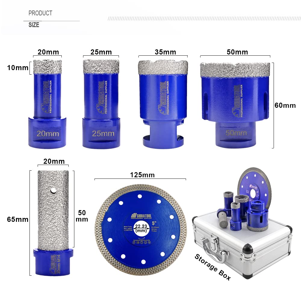SHDIATOOL Diamantbohrer Set 12-teilig – Für Fliesen, Marmor, Granit, Mit M14 Gewinde, Inkl. Fräser & Adapter
