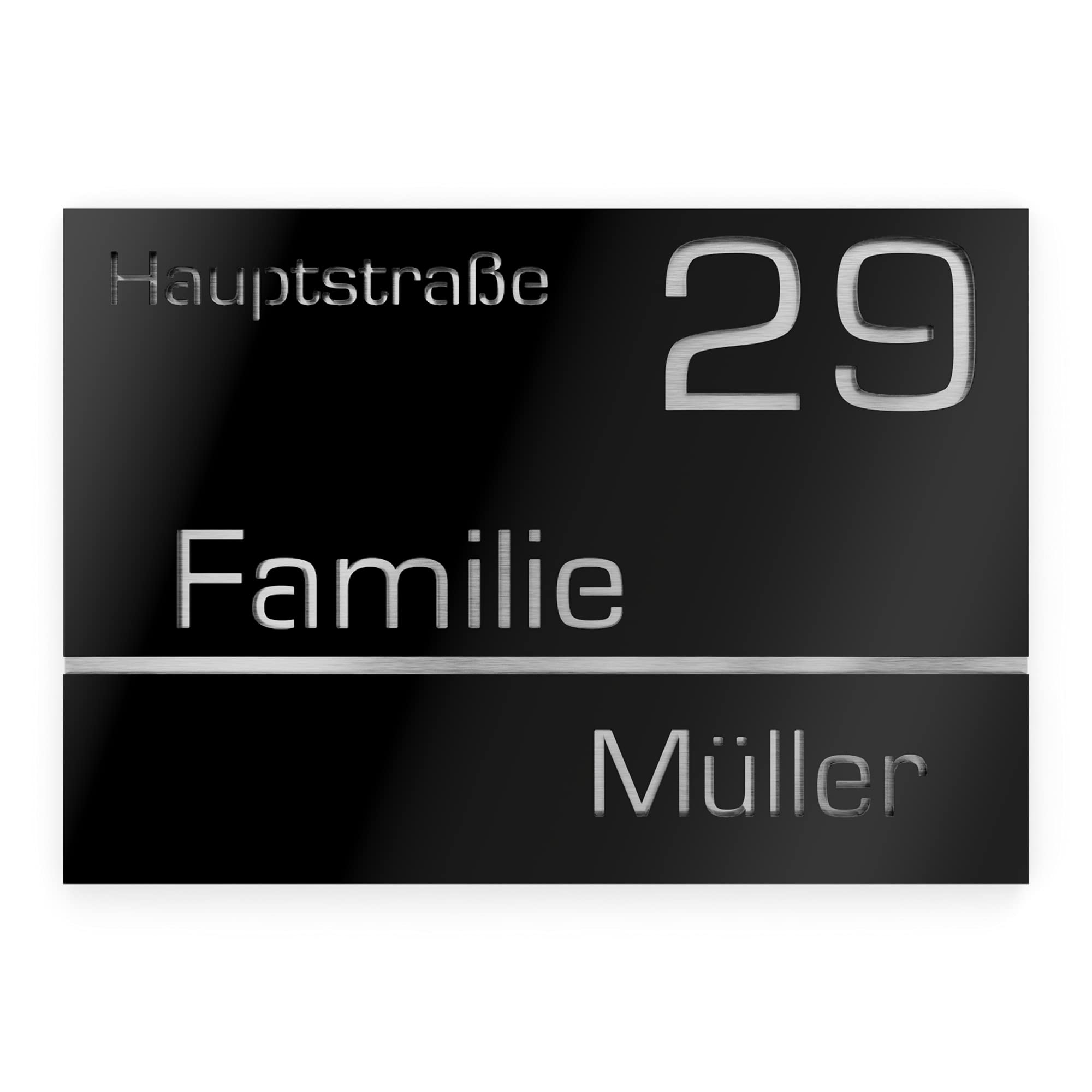 Numero civico personalizzabile in vetro acrilico + acciaio inox V2A 250 x 175 mm Nero, Resistente alle intemperie, Antiruggine, Targa per porta d’ingresso, Made in Germany