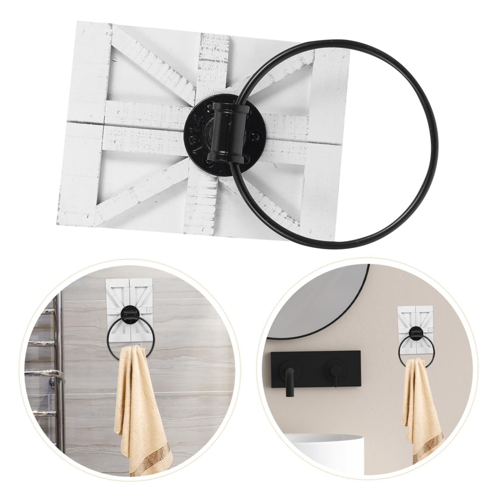 Anello Portasciugamani da Parete Bianco in Ferro con Supporto in Legno | Uso Cucina e Bagno, Montaggio a Muro, Design Europeo Vintage con Finitura Rustica
