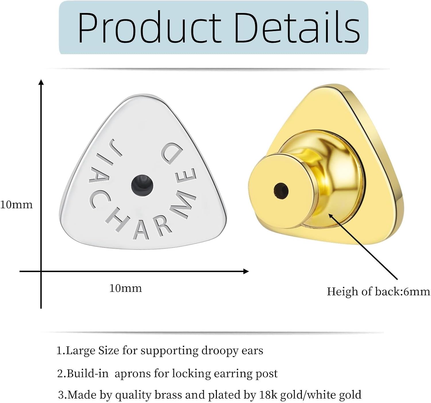 Earring Backs for Droopy Ears, JIACHARMED Triangle Earring Backings Tight Earring Backers for Studs 4pcs Secure Lifter Back for Heavy Earrings Support Replacement Plus 4pcs Rubber Backs,Mixed Color