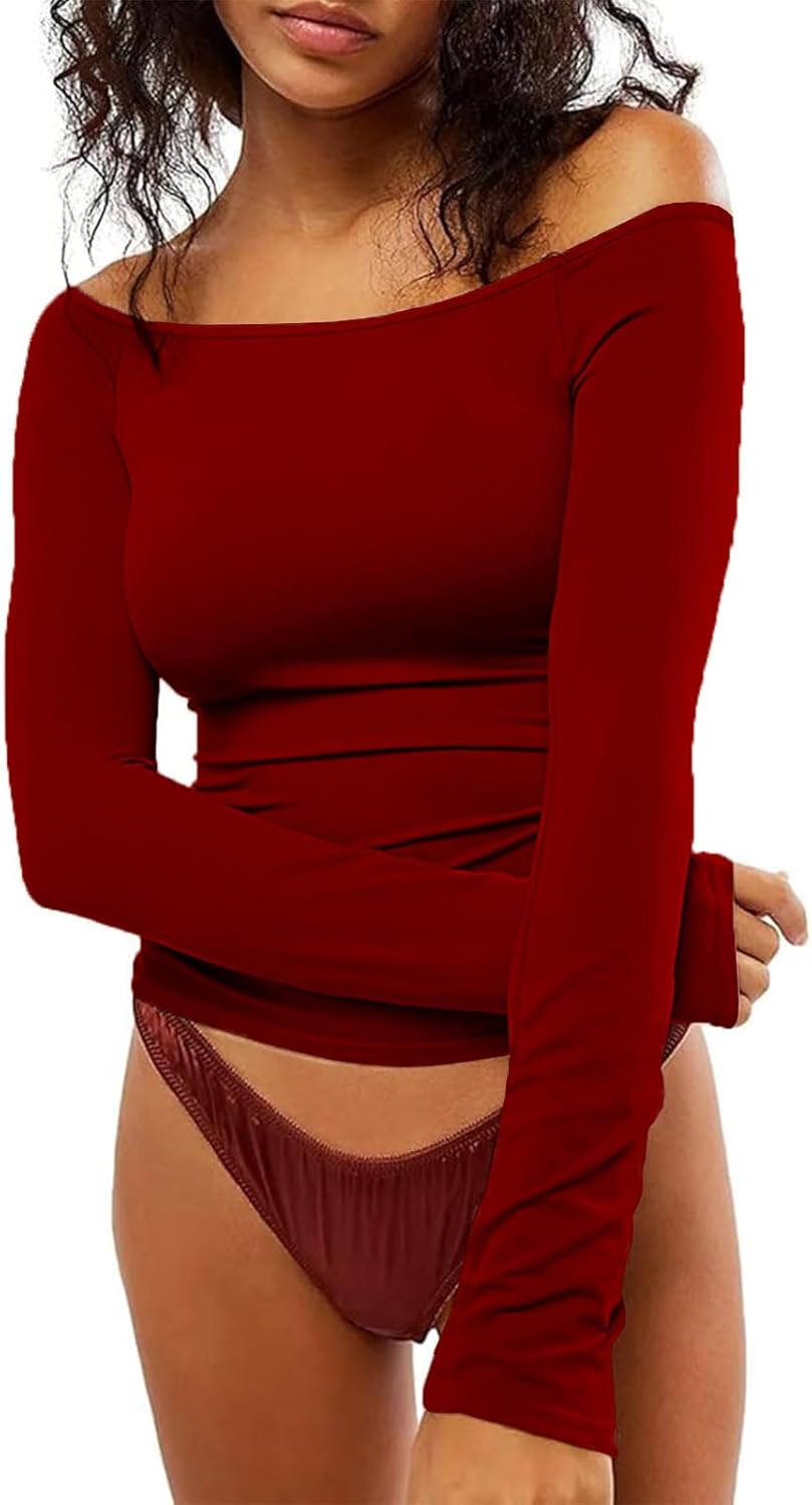 Women's Off The Shoulder Long Sleeve Y2K Tops Slim Fit Going Out Top Basic Tee Sexy Crop Tops