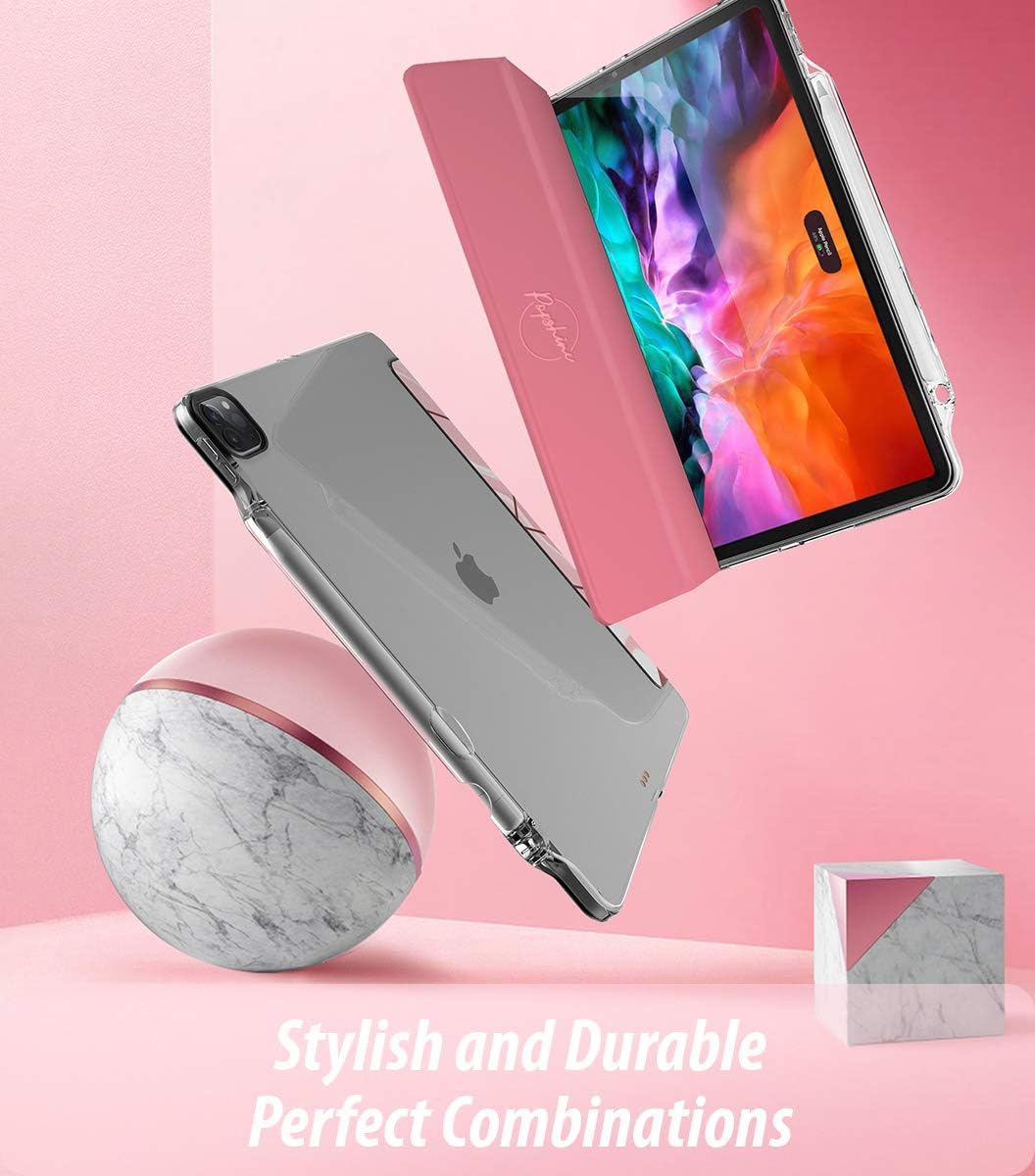 Popshine Marble Lite Series Designed for Apple iPad Pro 12.9 2020 & 2018 Case, Smart Cover with Pencil Holder, Flexible Soft Clear TPU Back, Slim Fit Trifold Stand Folio Front, Liquid Marble Pink