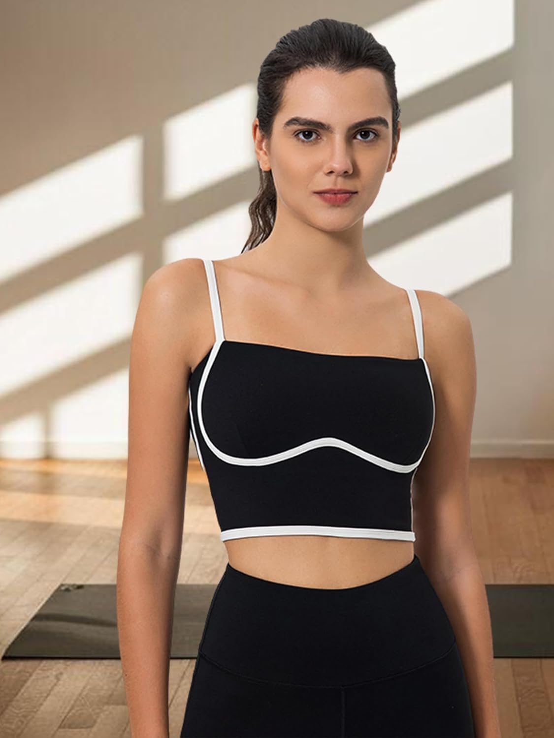 Women Workout Tank Tops Square Neck Crop Yoga Top Spaghetti Strap Built in Bras Longline Sport Bra - Image 2