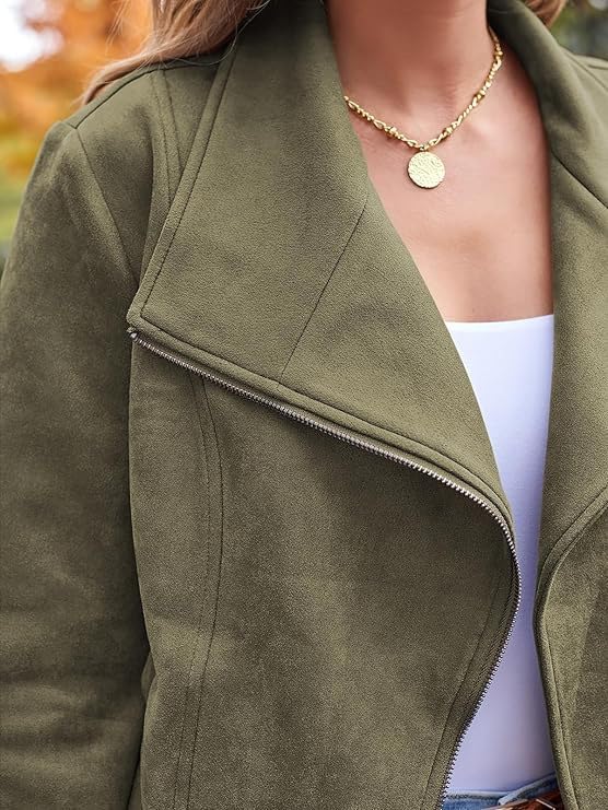 Women's Suede Moto Jacket Long Sleeve Zip Up Open Front Cropped Coat Outerwear with Pockets Y2K Fall Fashion Outfits4