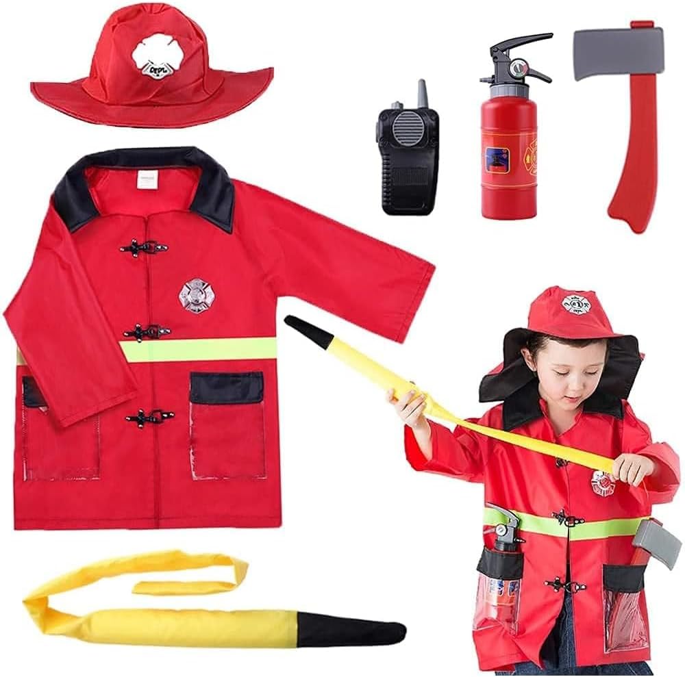 Firefighter Costume For Kids | Fireman Costume For Boys & Girls | Pretend Play Kids Fireman Outfit โ Career Suit with Walkie-Talkie & Hose | Birthday Gift for 3 to 7 Year Old Kid (RED)