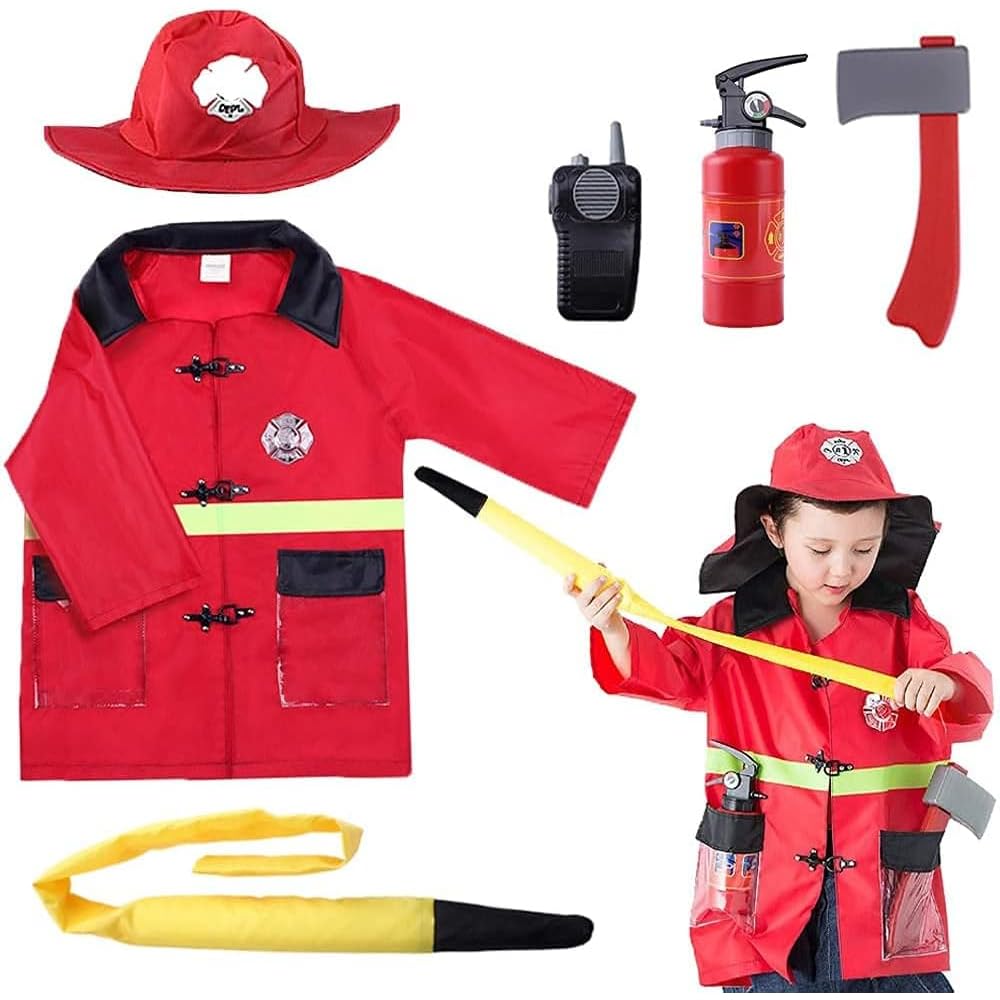 Firefighter Costume For Kids | Fireman Costume For Boys & Girls | Pretend Play Kids Fireman Outfit – Career Suit with Walkie-Talkie & Hose | Birthday Gift for 3 to 7 Year Old Kid (RED)