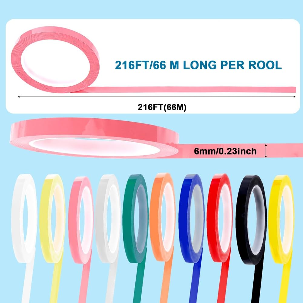A pink roll of Cenroelon Autoclave Tape showing its dimensions (216FT/66M long, 6mm/0.23inch wide) and an array of 10 different colored rolls.
