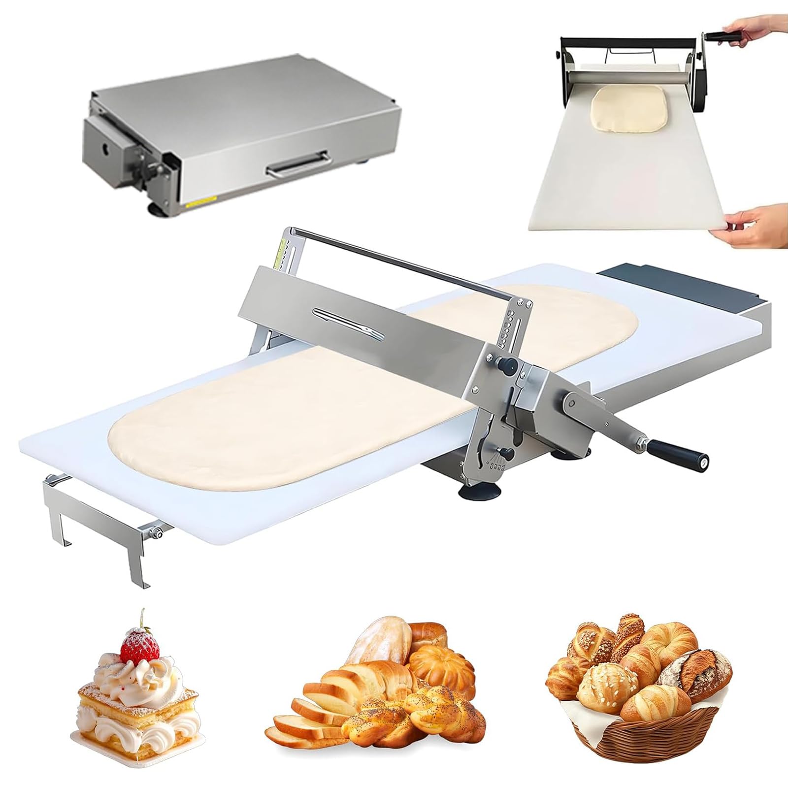 Laminoir Pate Feuilletée Professionnel avec Poignée Laminoir à Pâte Pliable Manuel avec épaisseur Réglable 0-25 mm Laminoir Pâtisserie en Acier Inoxydable pour Pizza Croissant Commercial Domestique