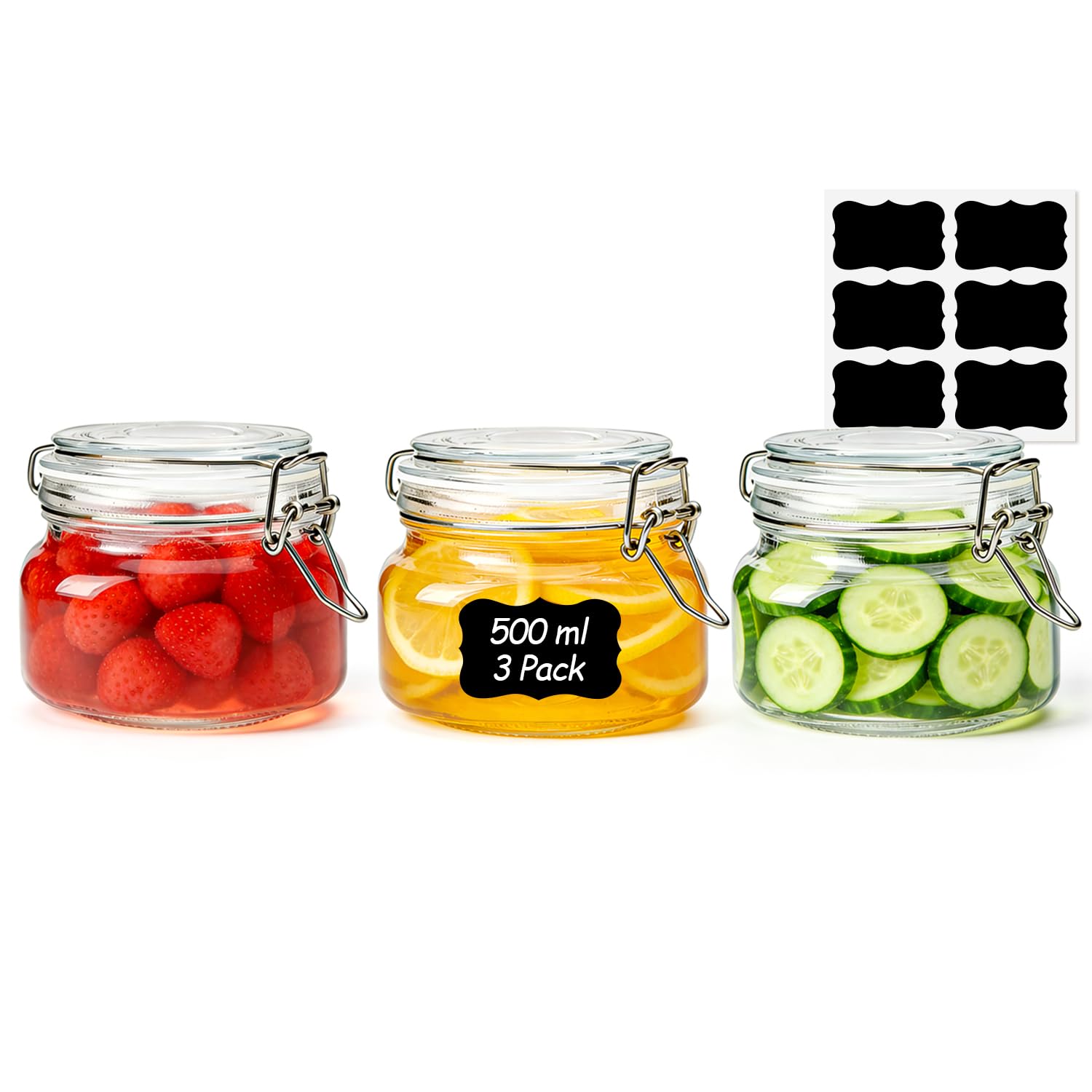 ComSaf Airtight Glass Storage Jars with Clip Top Lids Set of 3, 500ml Mason Jars, Tea Coffee Sugar Canister - Square Food Storage Container Pickling Jar for Kitchen, Canning, Spice