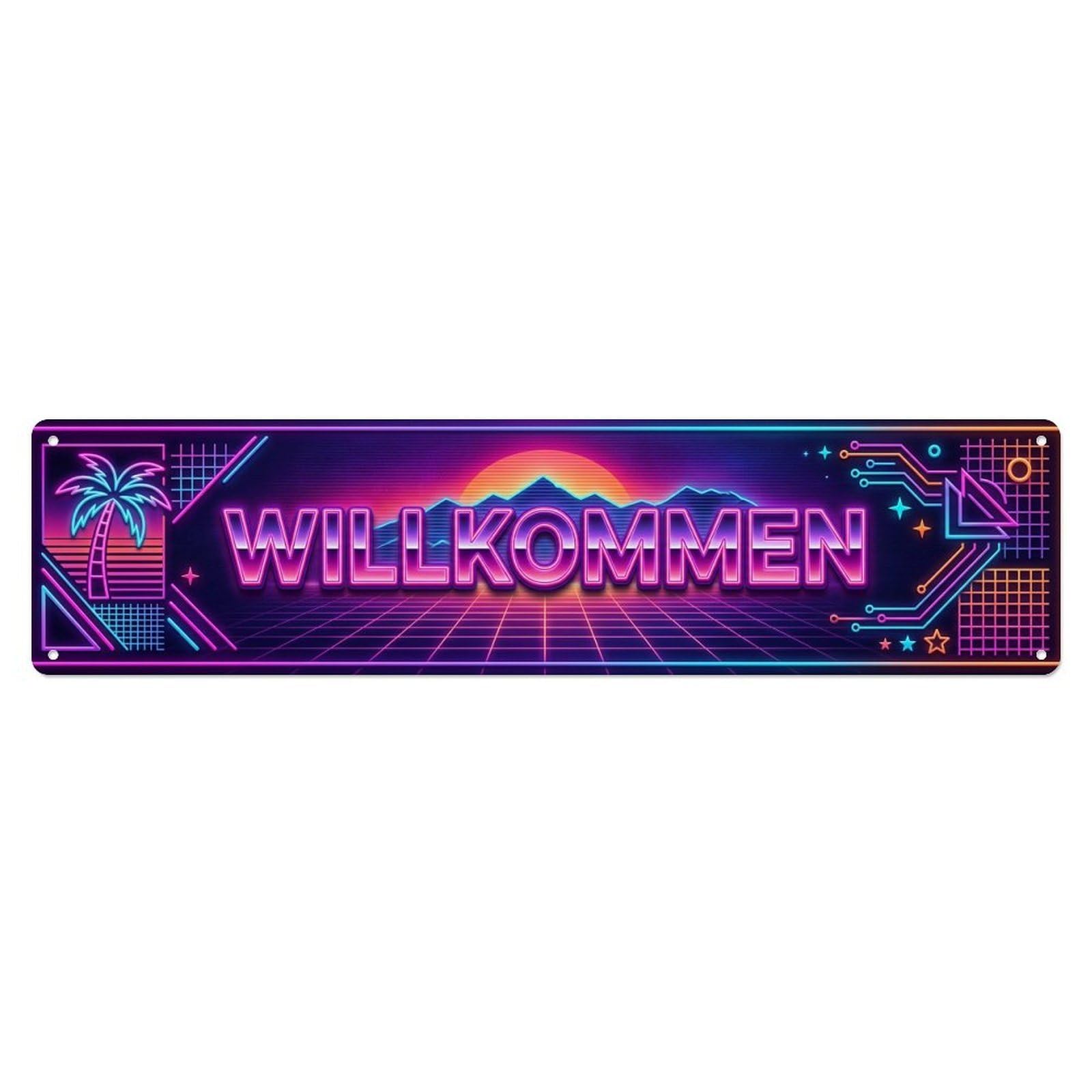 Neon Synthwave Retro Futuristic Welcome Metal Tin Sign
