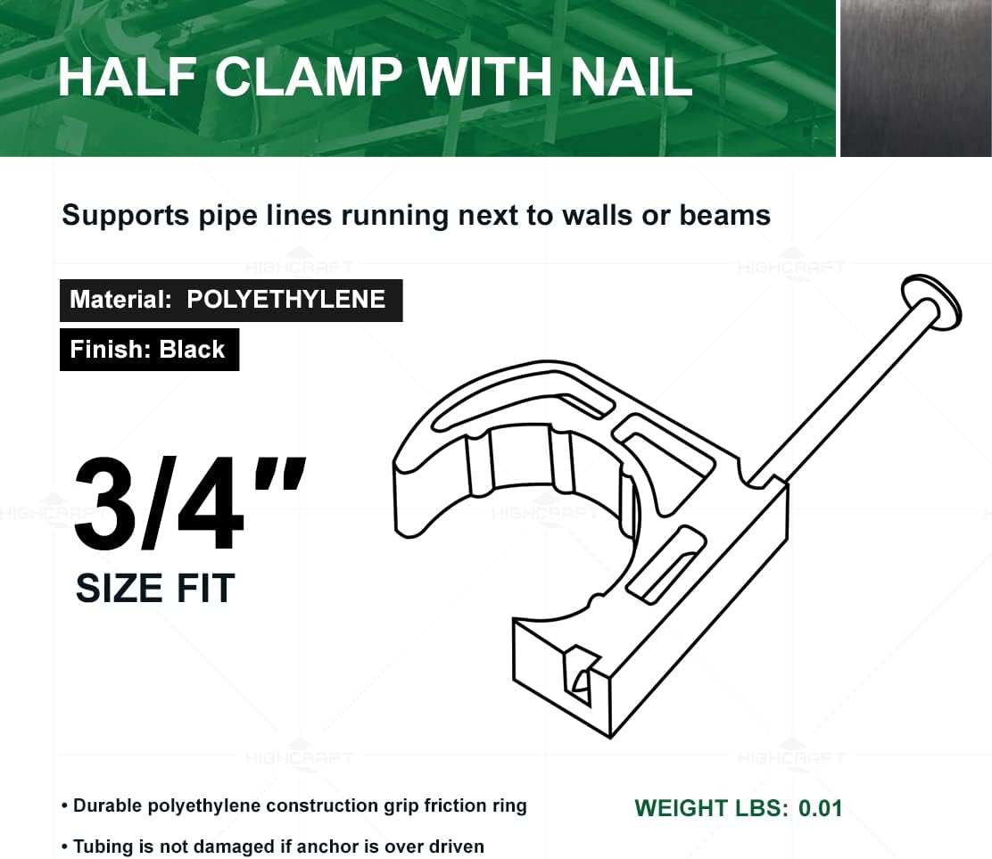 Highcraft JHOOK34-50 Half Clamp J-Hook with Nail for Pex Tubing Pipe Support, 3/4 in. Black (50 Pack)