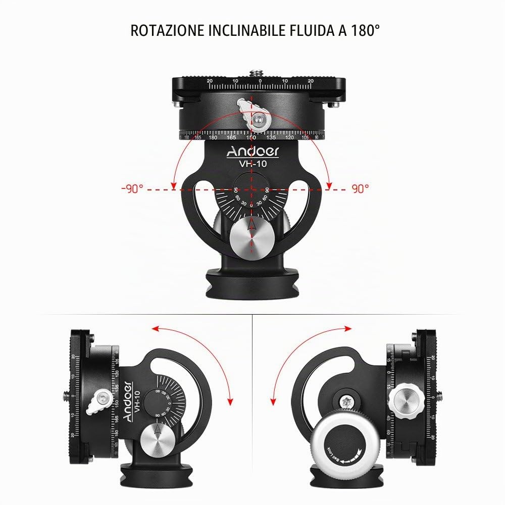 Andoer Testa Fluida per Treppiede Panoramica Inclinabile con Piastra Sgancio Rapido Swiss Testa a Sfera per Treppiede Panoramica a 360° Piastra a Sgancio Rapido Arca per Fotocamera DSLR Videocamera