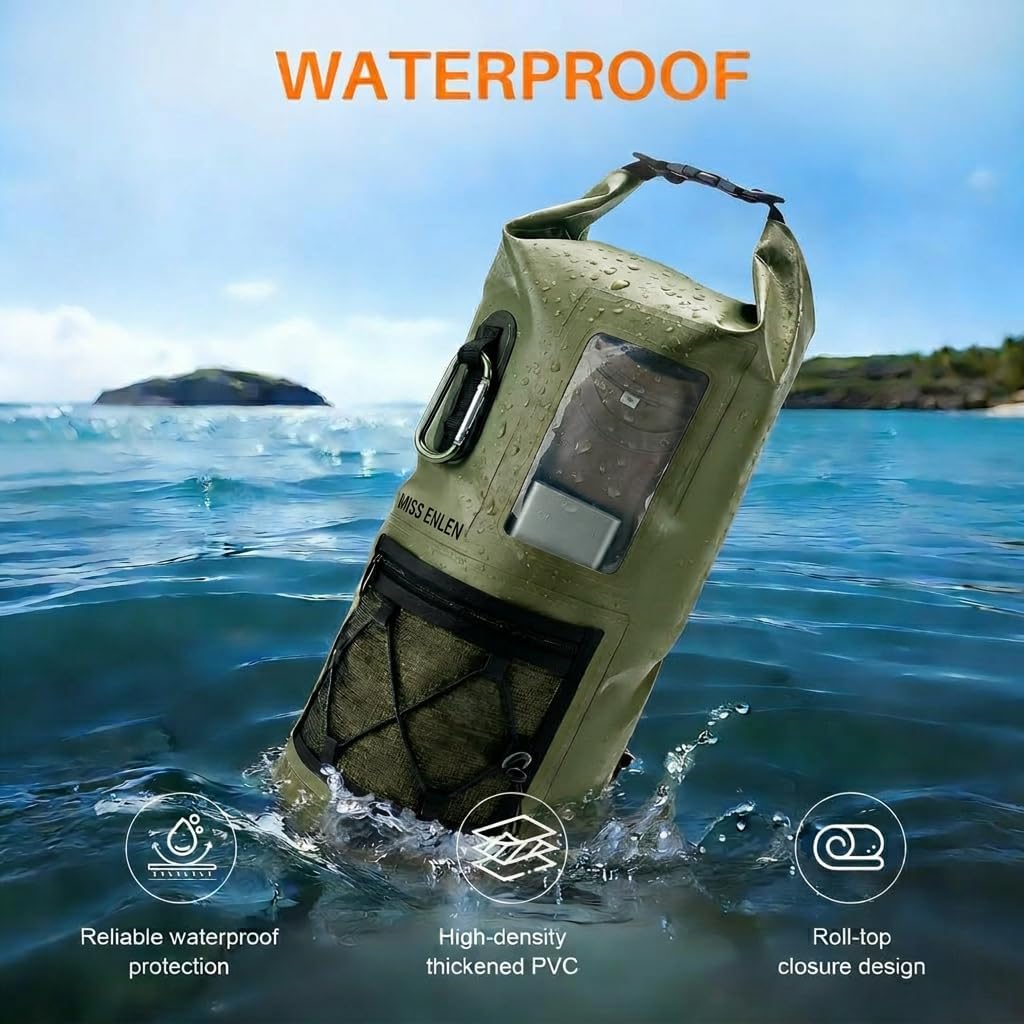 Waterproof Dry Bag 500D PVC Roll Top Dry Sack with 3 Carrying Ways, Lightweight Waterproof Bag for Kayaking, Swimming, Boating, Paddle Boarding, Hiking, Beach (Army Green, 27L)
