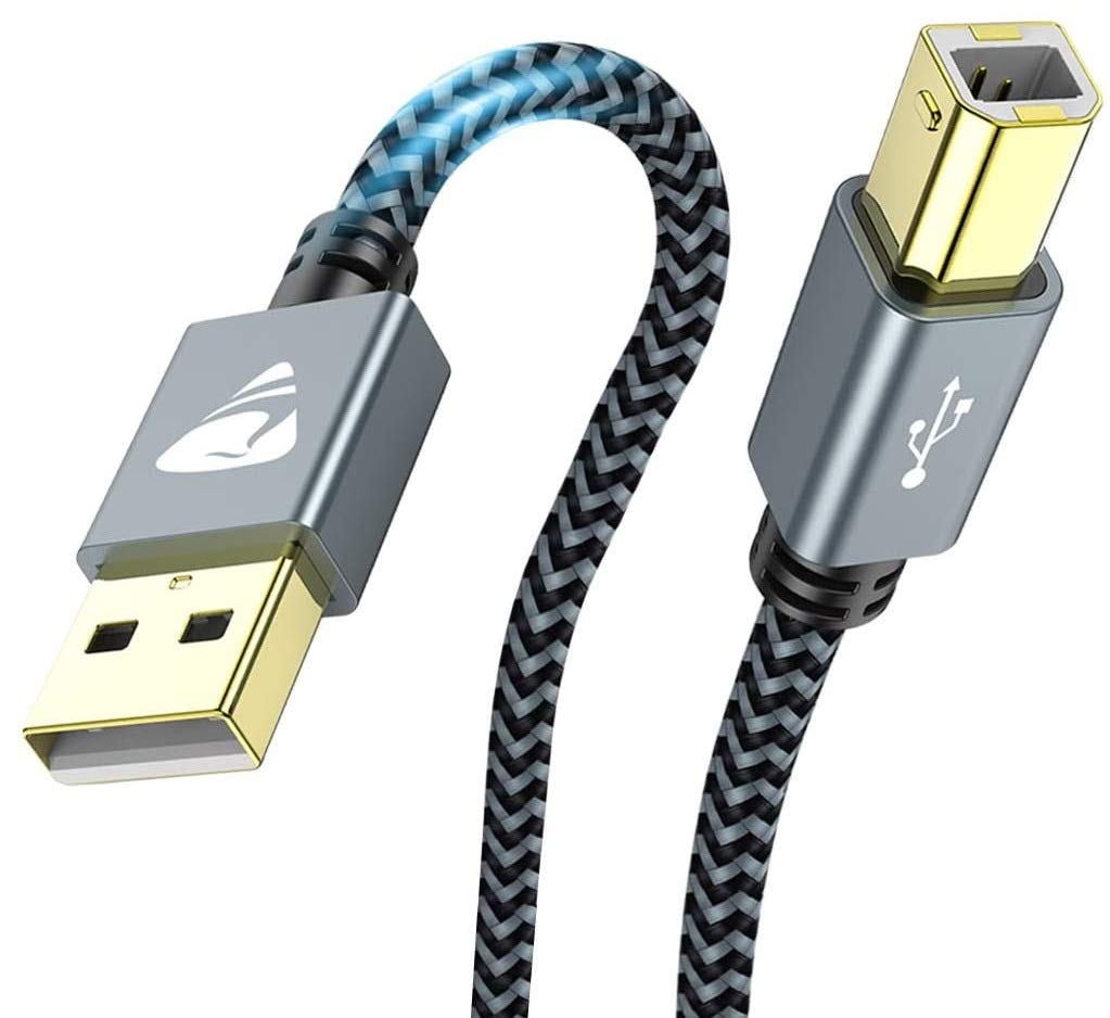 USB-Druckerkabel [2 m] USB 2.0 A männlich auf B männlich, Kabel Scanner geflochten aus Nylon High Speed kompatibel mit HP, Canon, Dell, Lexmark, Epson, Samsung, Brother, Piano etc. Grau