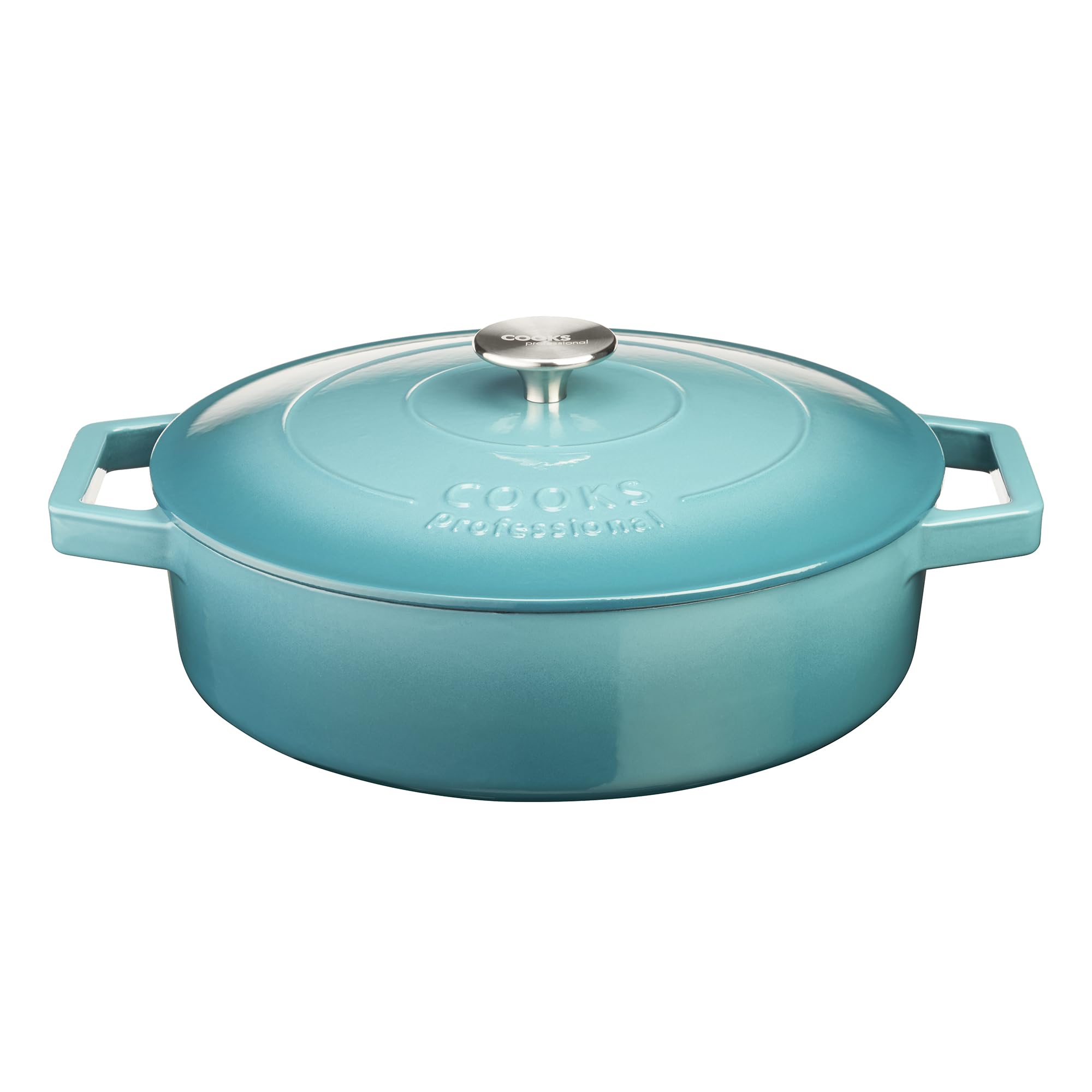 Cooks Professional 28cm Cast Iron Shallow Casserole Dish 4.3L with Lid & Handles | Colourful Modern Enamelled Cooking Pan Pot | Suitable For All Hobs Inc Induction | Oven & Grill Safe | Teal