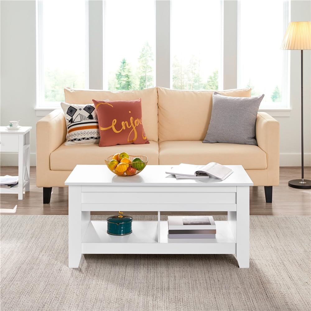 Yaheetech Mesa Centro Elevable de Madera Mesa de Café para Salón con Revistero Mueble de Diseño Moderno 104.5 x 49.5 x (49-61.5) cm Blanco