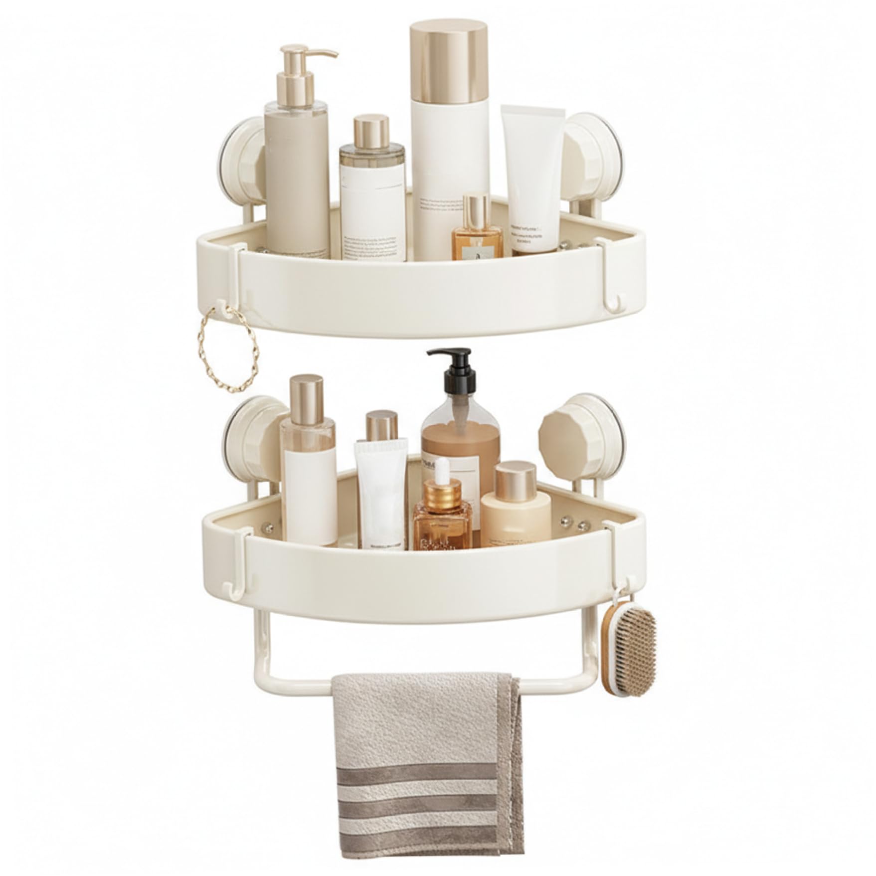 Étagère de douche à ventouse avec crochet et barre porte-serviettes en acier à 2 étages