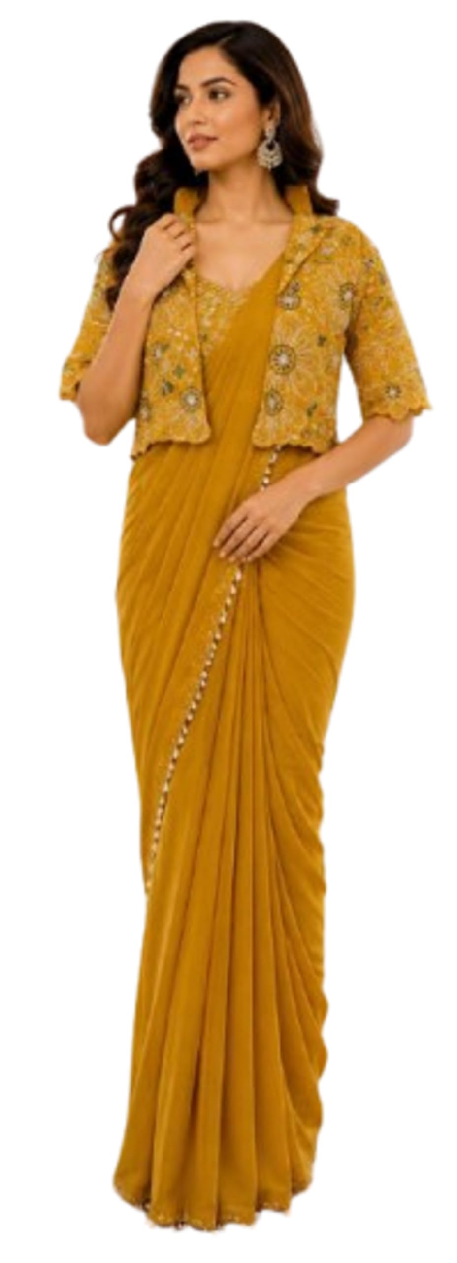 Fashion Since Trending Embroidery Sequins work ready to wear saree with Embroidery Blouse Colour saree wedding stylish Traditional Indian Ethnic Wear, Wedding Festive Occasion Yellow-image-16