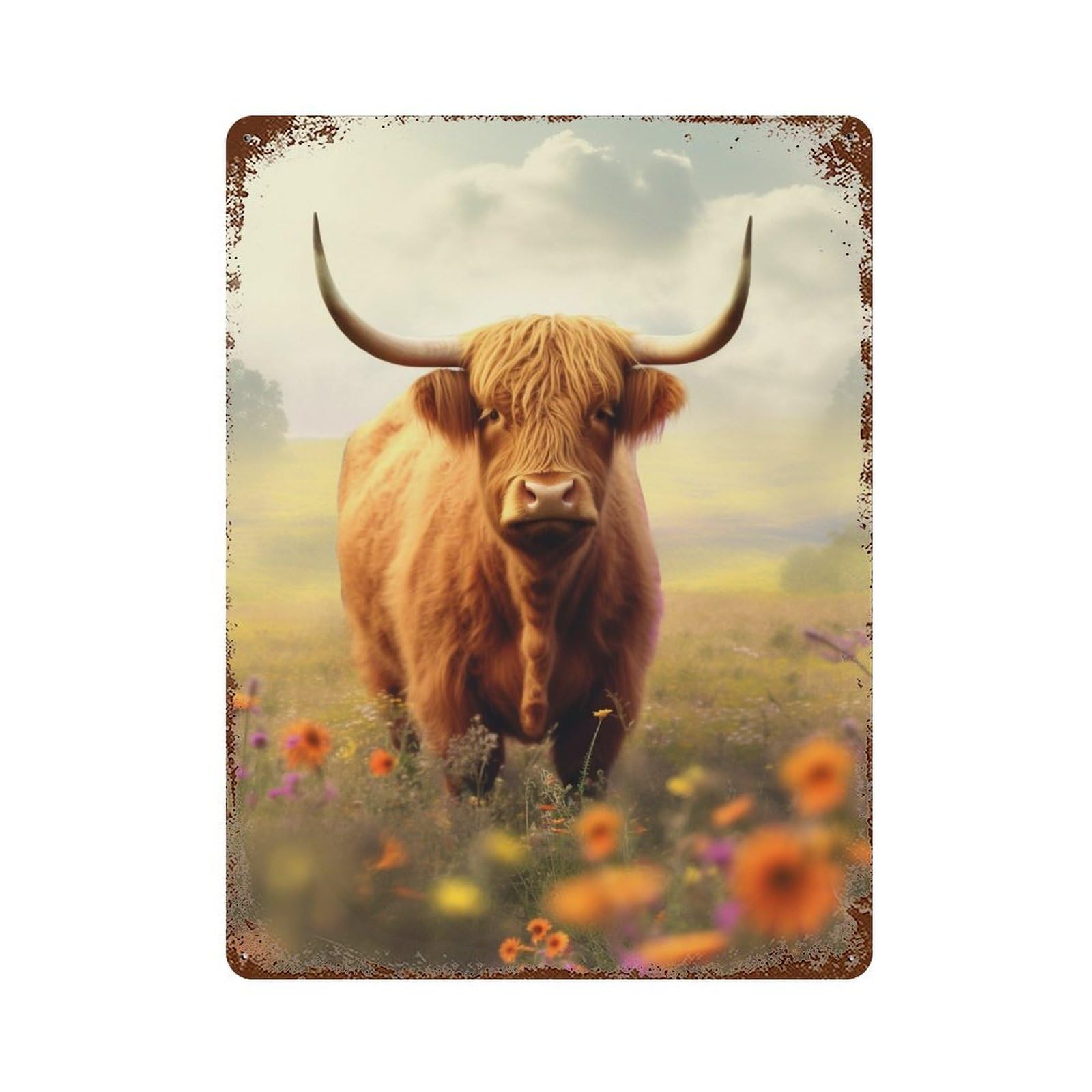 Garage Style Highland Cow in Flower Field-2 Rusty Metal Tin Sign 15.7"x11.8", Farmhouse Wall Decor for Bar And Workshop