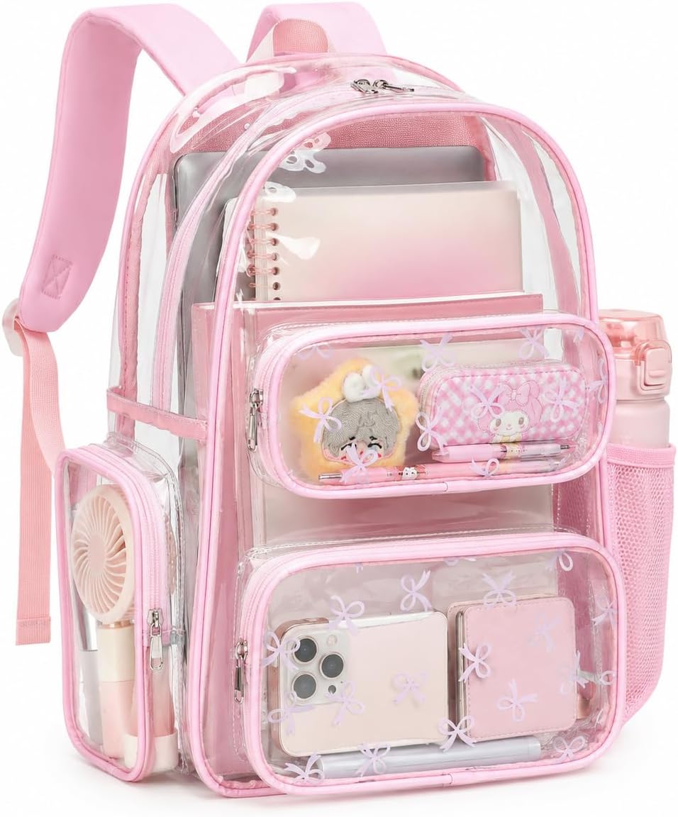 CAMTOP Clear Backpack Heavy Duty Transparent Bag See Through BookBag for Student School Work Festival Sport Travel (Bow Pink, Medium-17‘’)
