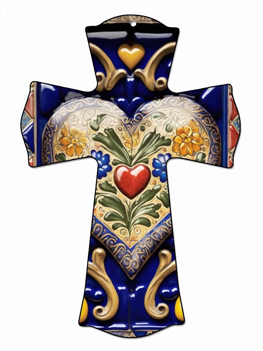 CALUOHO Mexican Cross Hand Painted Talavera Ceramic Wall