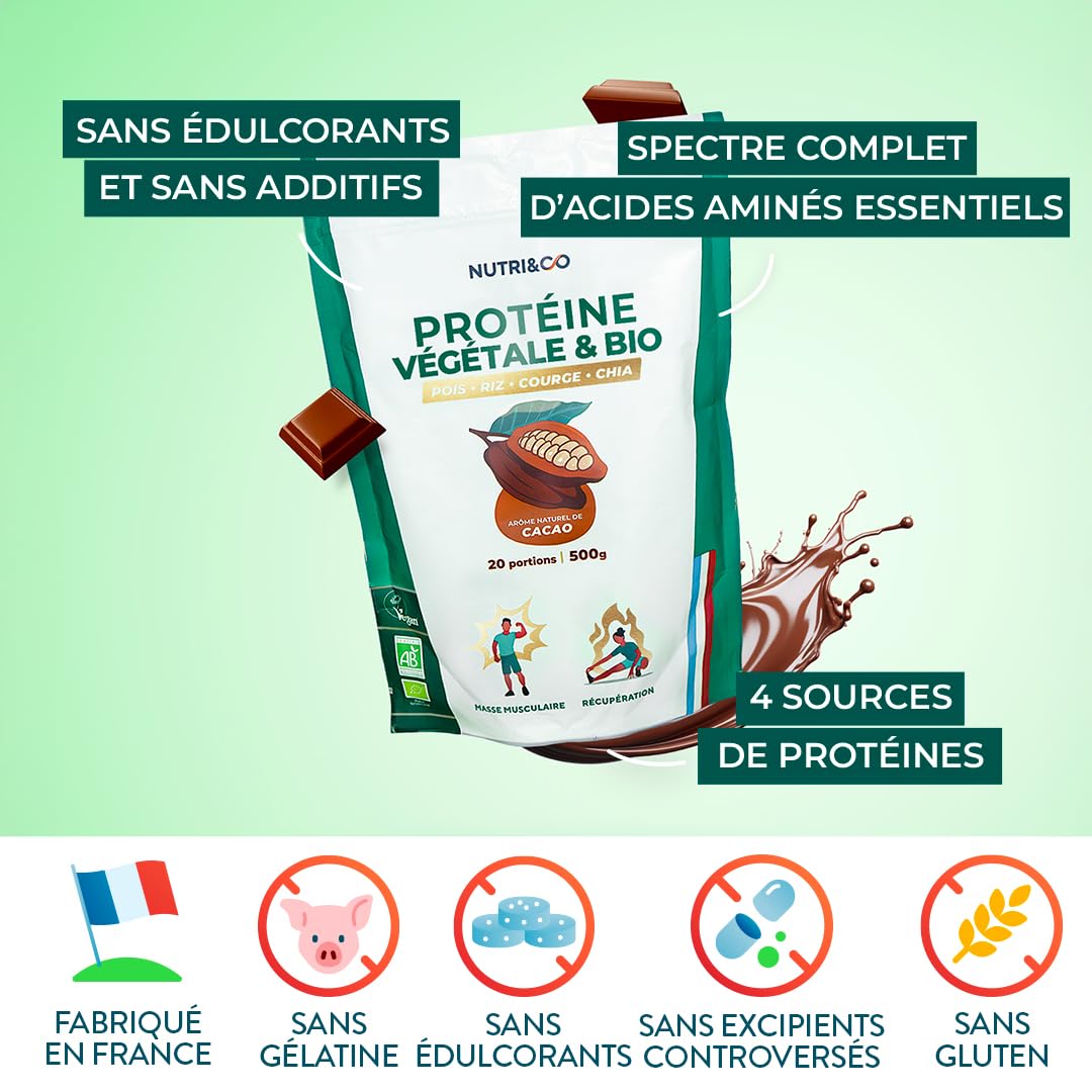 NUTRI & CO Protéines Vegétales BIO - 4 Sources : Pois, Riz, Chia & Courge - Riche en BCAA - Vegan Protein 100% naturelle - Goût Naturel Cacao 500g - Sans édulcorant ni additif - Fabriqué en France