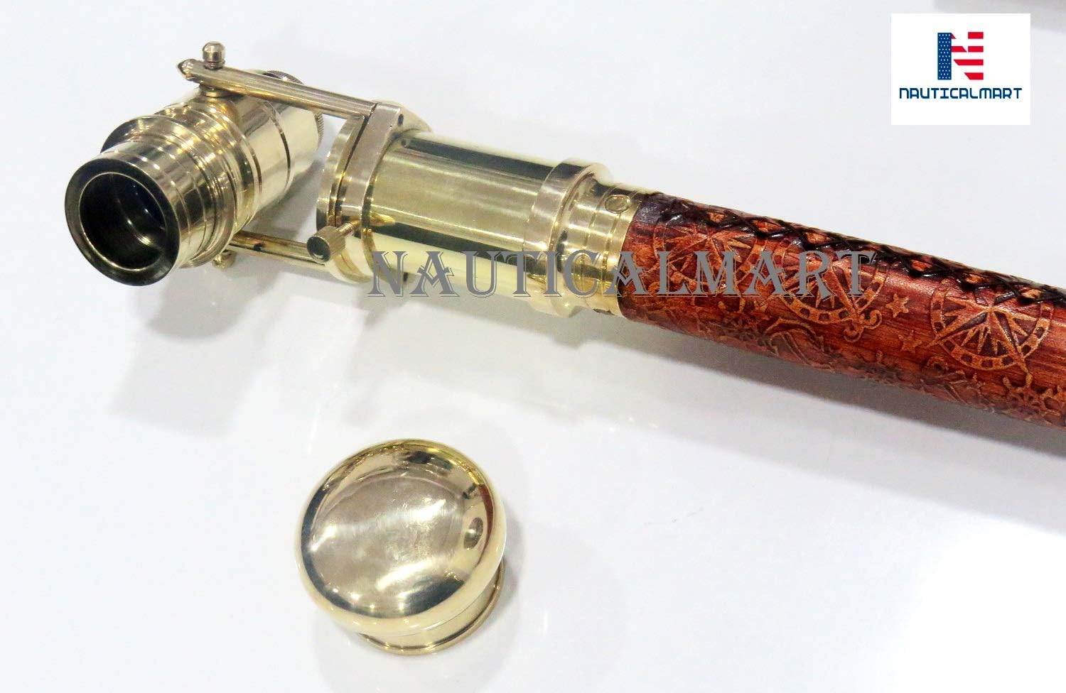 Nautical Collectible Brass Telescope Spyglass Engraved Leather Walking Stick Cane Marine Prop Item