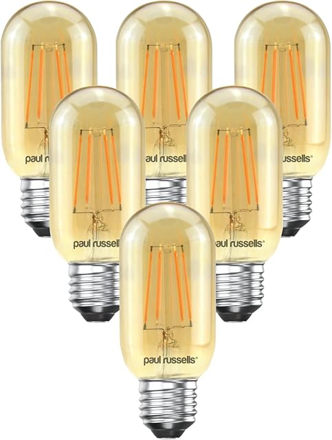 paul russells LED Filament T45 Light Edison Screw E27, 35w Equivalent Replacement Antique Bulb, ES 4W 380LM LED 2200K Amber Bulbs, Decorative Ceiling Fittings Energy Saving Lightbulbs, Pack of 6