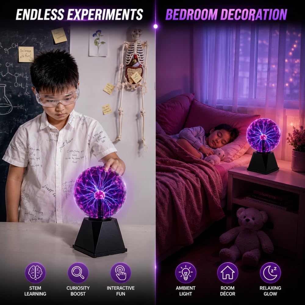 Tradeopia Sfera al plasma da 20,3 cm, elettricità statica, lampada al plasma, sensibile al tocco e al suono, palla elettrica plug-in, giocattolo per feste, decorazione per la casa (20,3 cm, viola)