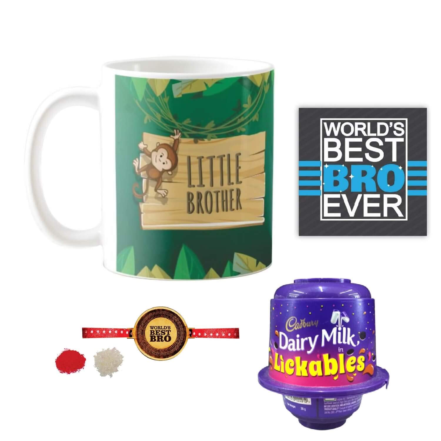 YaYa cafe Birthday Rakhi Chocolates Gift Combo for Kid Brother, Monkey Little Bro Brother Mug, Coaster, Birthday Rakhi,Cadbury Lickables, Gift Combo of 4