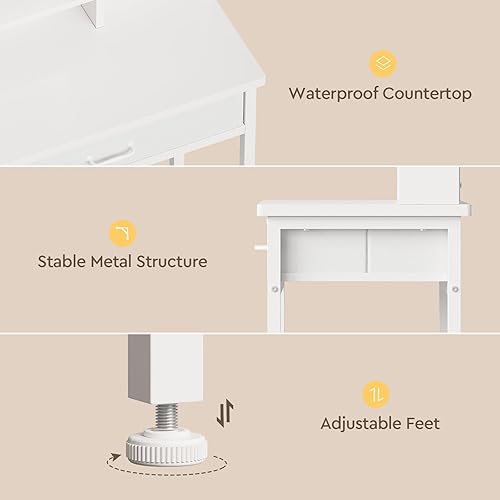 Miniatura 8 de Escritorio de maquillaje con espejo y luces, tocador pequeño con cajón de almacenamiento de tela, silla y estantes, juego de tocador de maquillaje