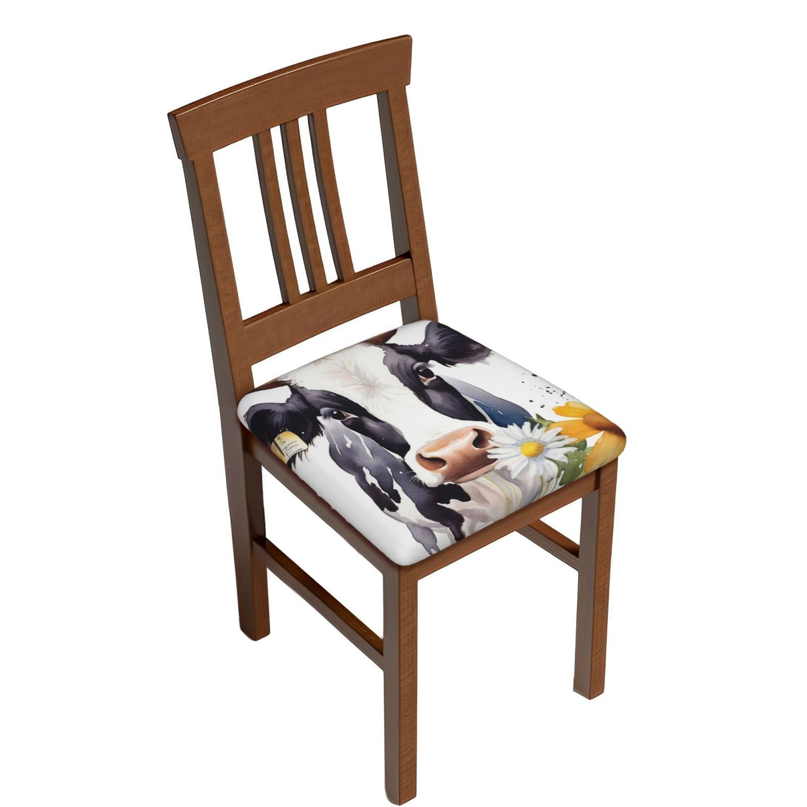 Fodpand Four Pieces Watercolor Cow And Daisy Flower Square Stool Covers Stretch Removable Square Bar Stool Seat Covers Washable Dustproof Stool Cushion Slipcover Soft Milk Silk Bar Chair Covers With Band