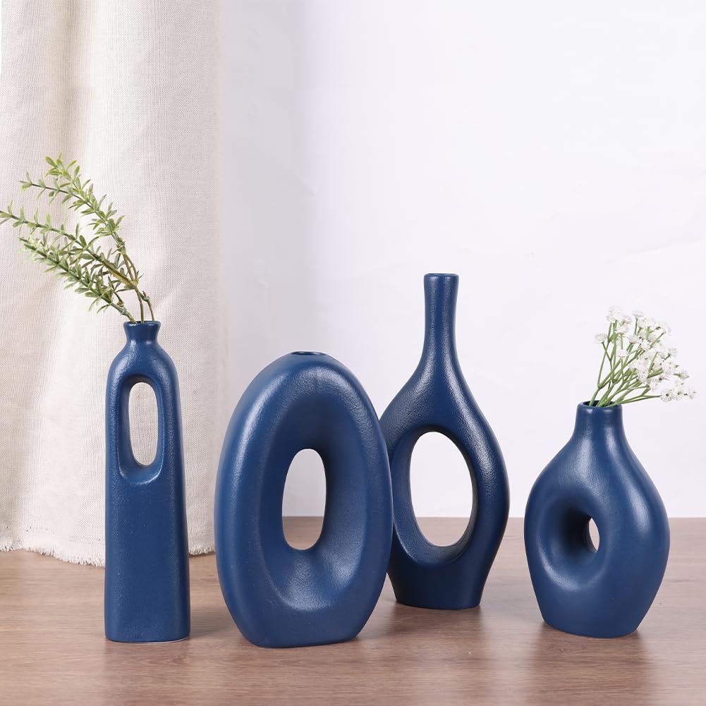 Nordic Blue Round Vase Set,4 Blaue Keramik Ovale Donut Vase, Minimalistische Moderne Wohnkultur, Matte Blue Dekorative Vase für Home Decor Büro Einweihungsgeschenk Wohnzimmer Esstisch Pampasgras Dekor