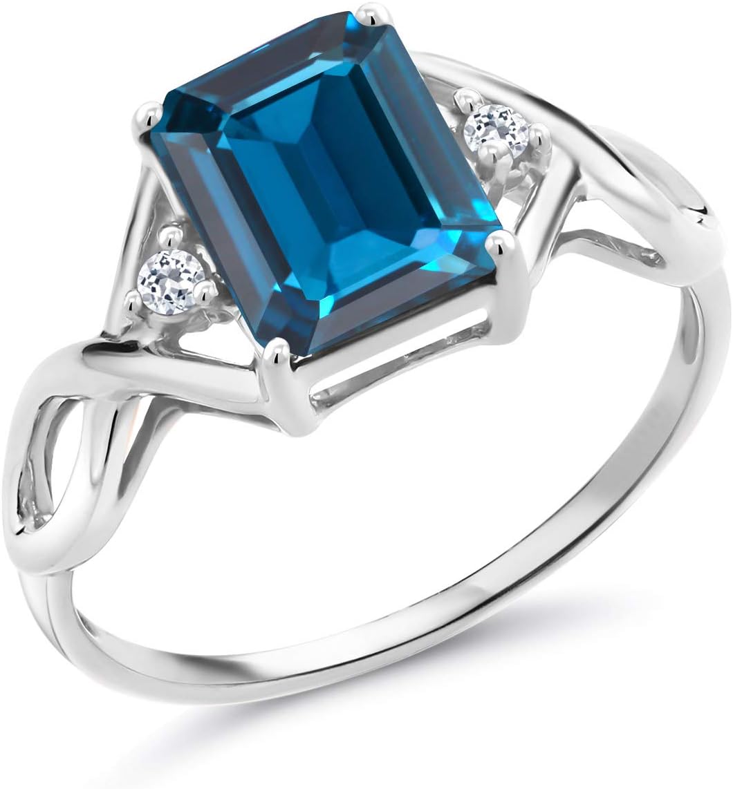 Gem Stone King 2.75 Cttw London Blue Topaz and White Topaz Engagement Ring For Women | 925 Sterling Silver | Emerald Cut 9X7MM | Wedding Engagement Anniversary Promise Ring For Women
