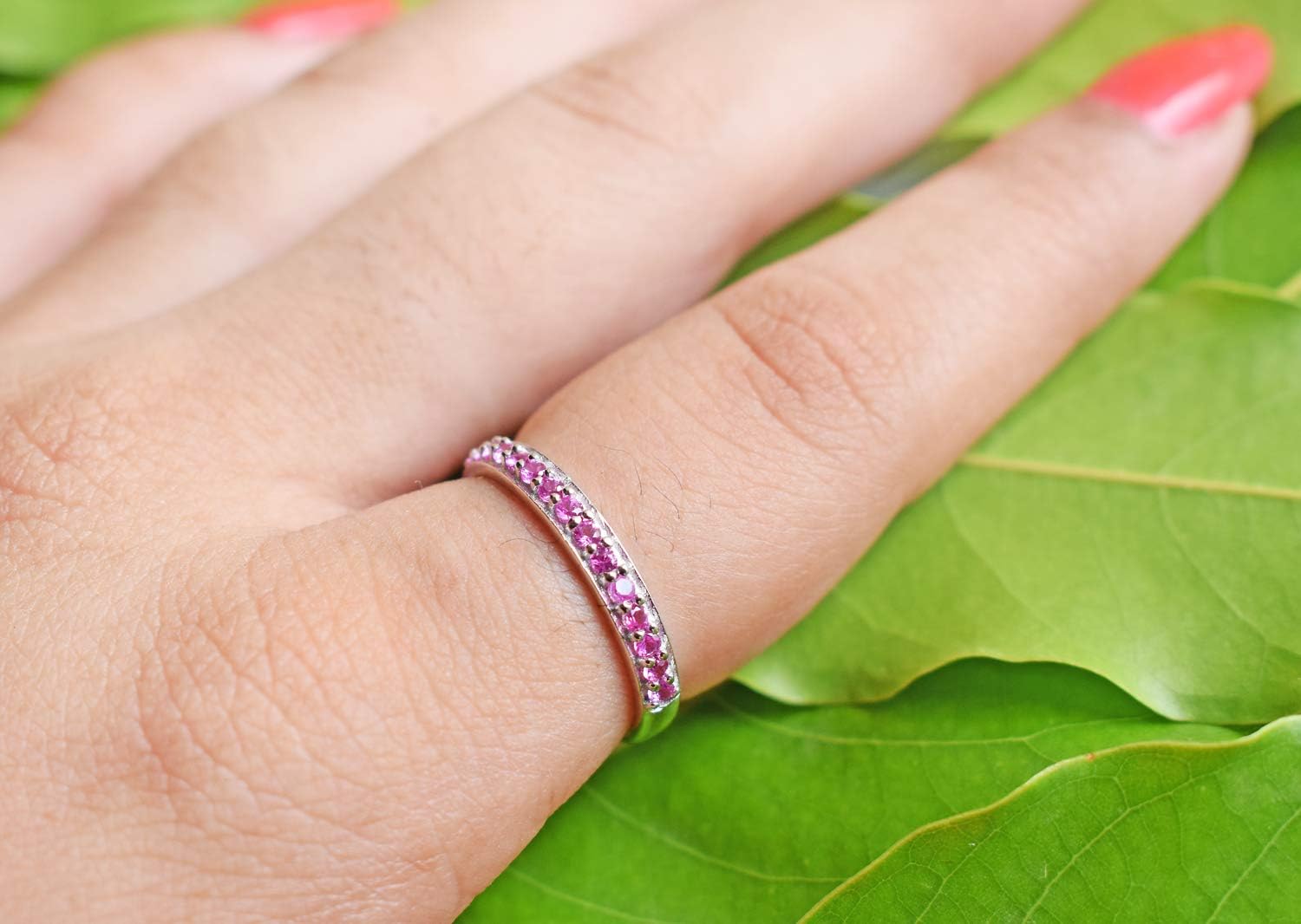Pink Sapphire Round Gems 925 Sterling Silver Simple Dainty Beautiful Ring