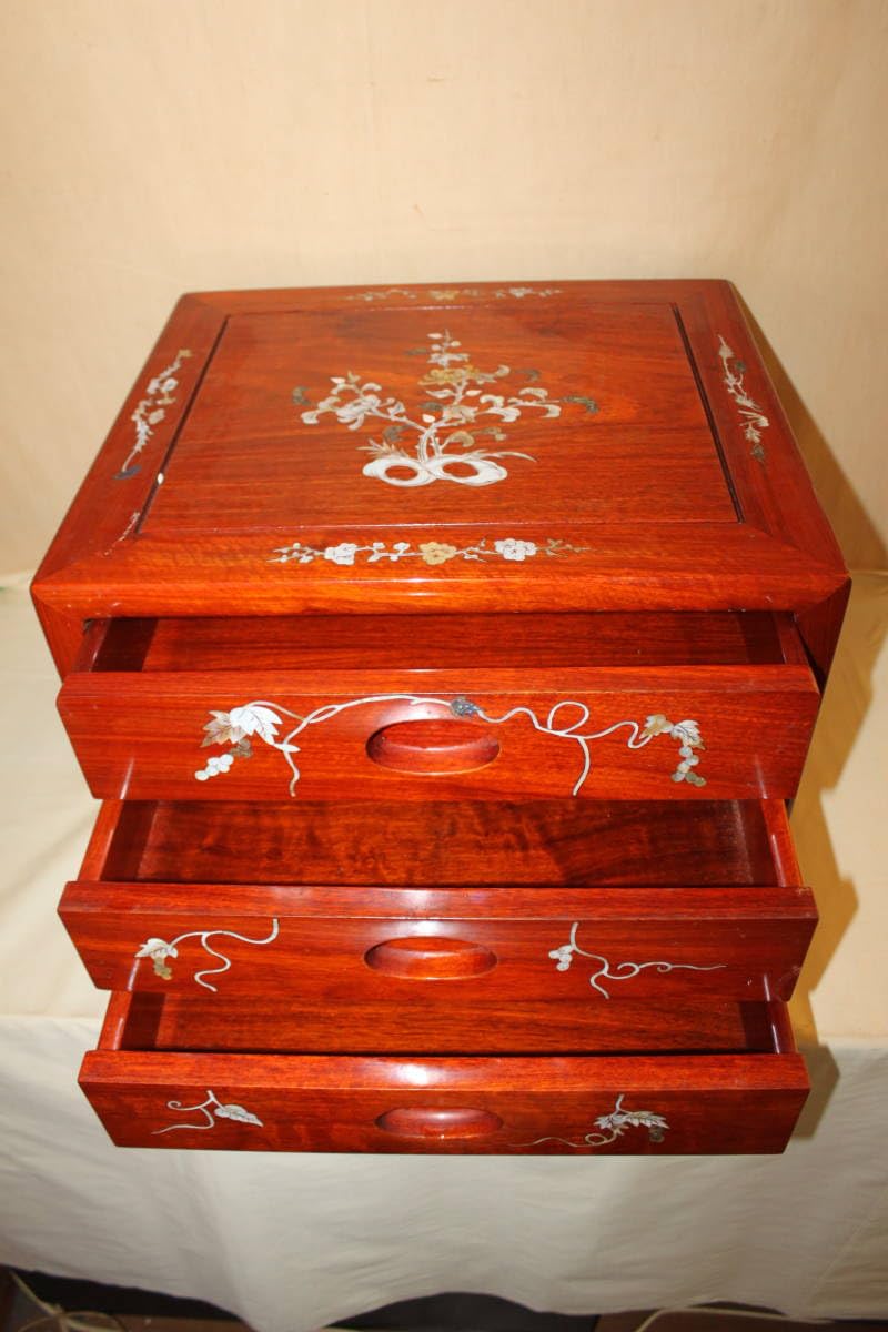 希少 天然木 唐木 本花梨 総無垢 螺鈿 螺鈿細工 葡萄図 3杯 抽斗